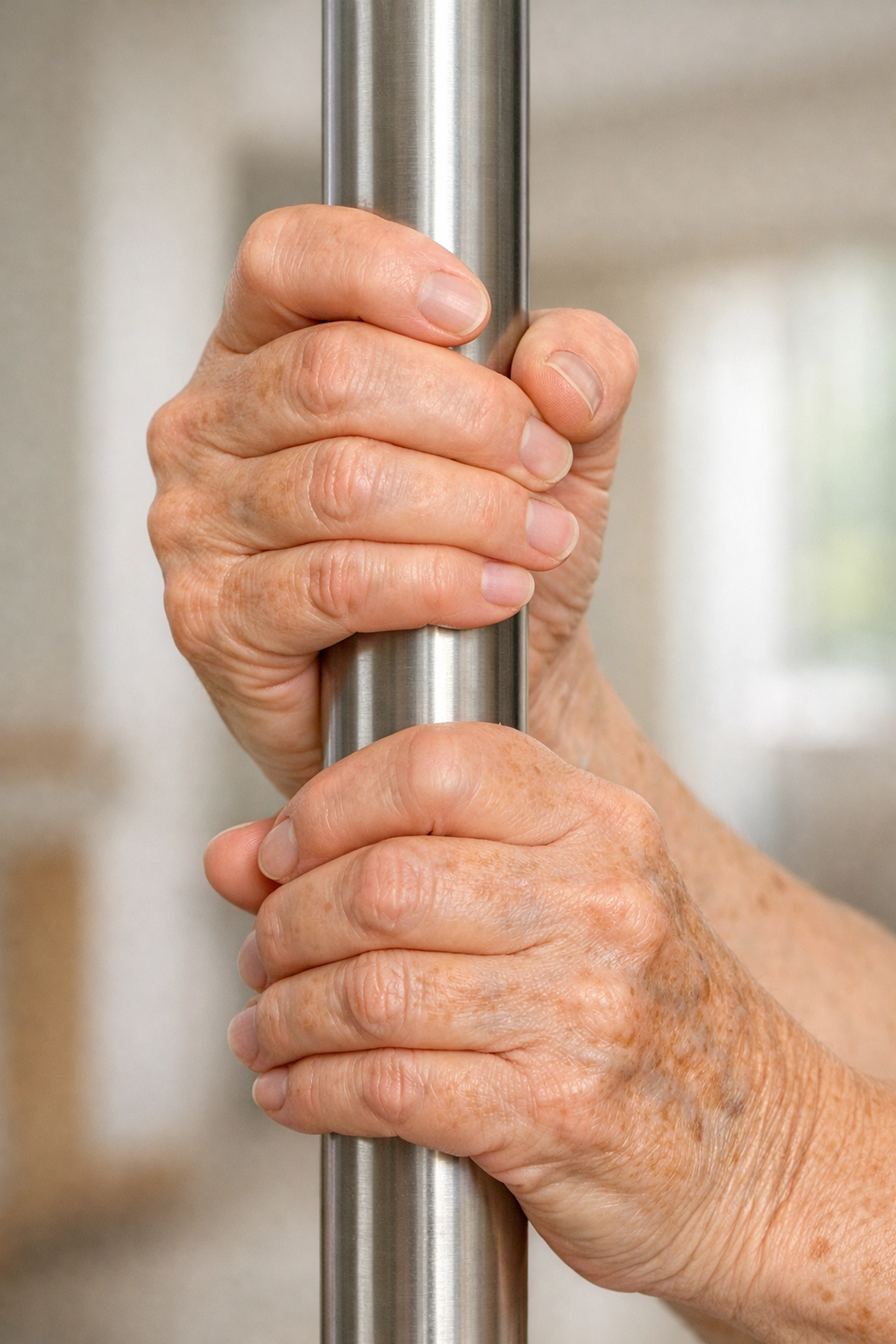 Proper hand grip technique on transfer pole with both hands at different heights