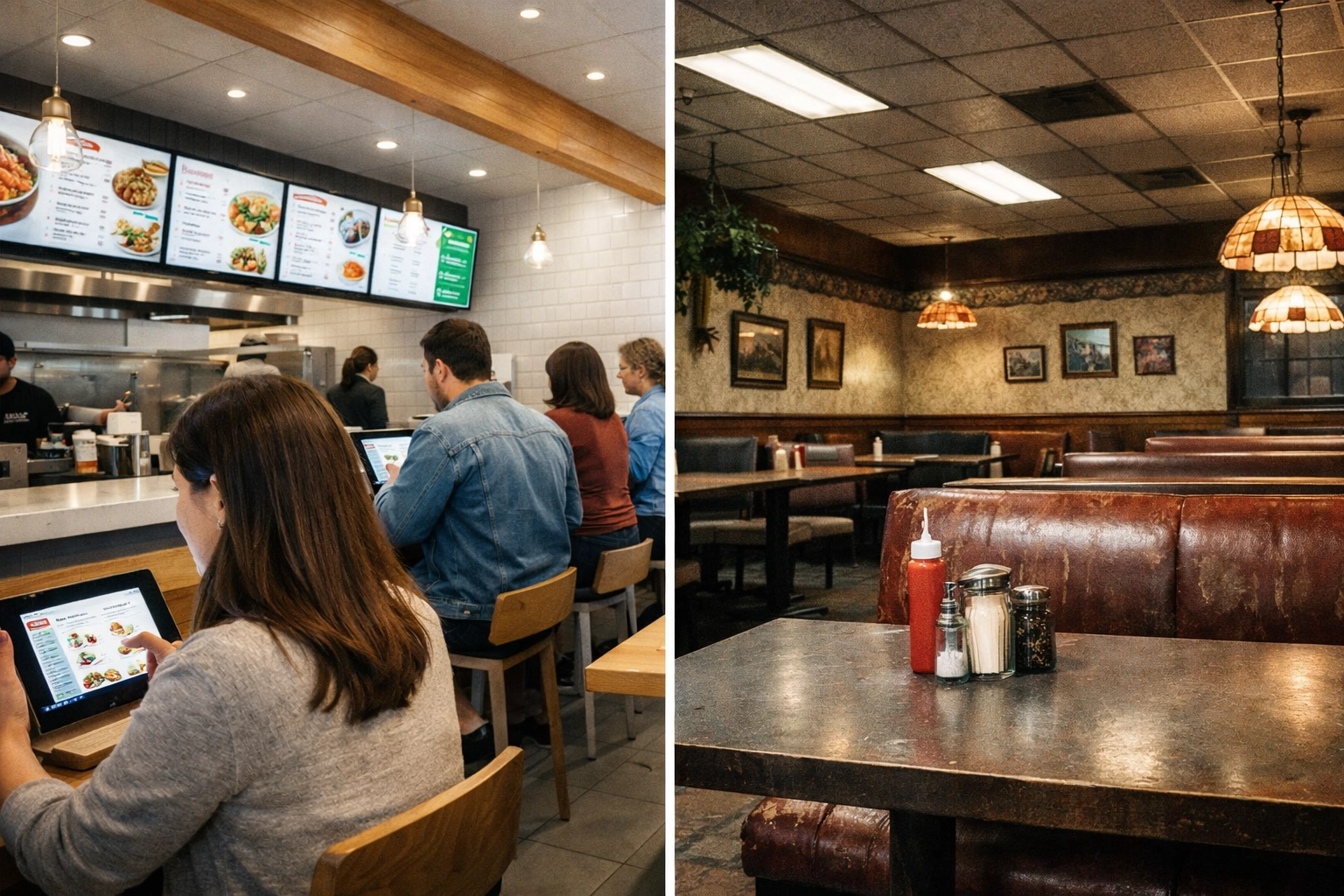 Modern fast-casual restaurant versus outdated casual dining space showing industry evolution