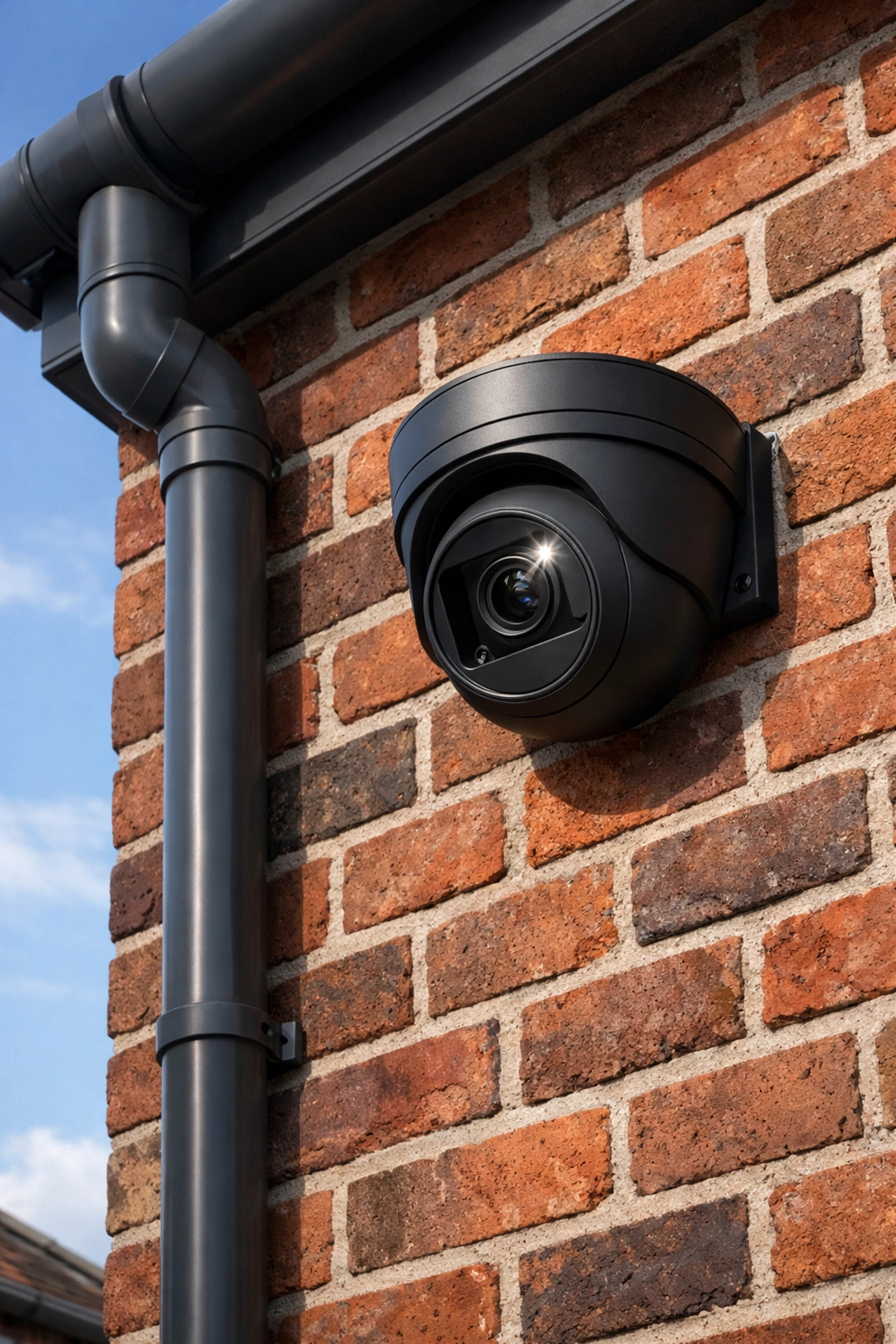 Professional NVR security camera installed on a red brick wall for home protection in Basingstoke.