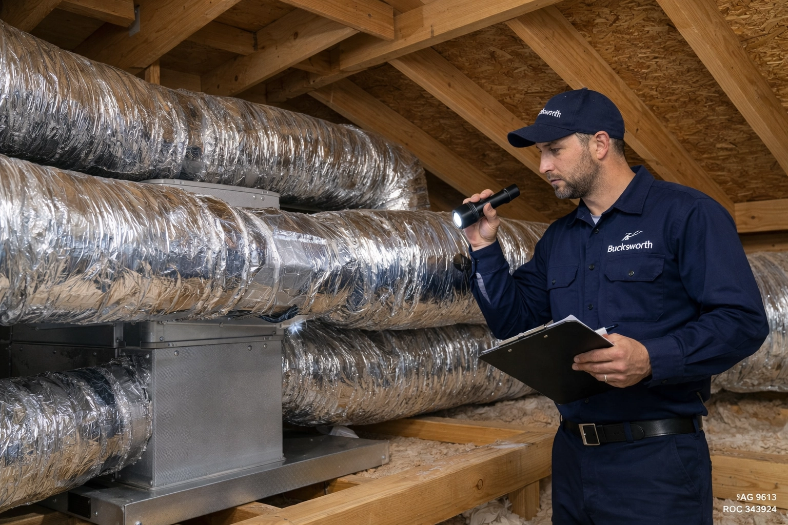 Professional attic HVAC inspection and ductwork sealing for improved air conditioning efficiency in Sun City.