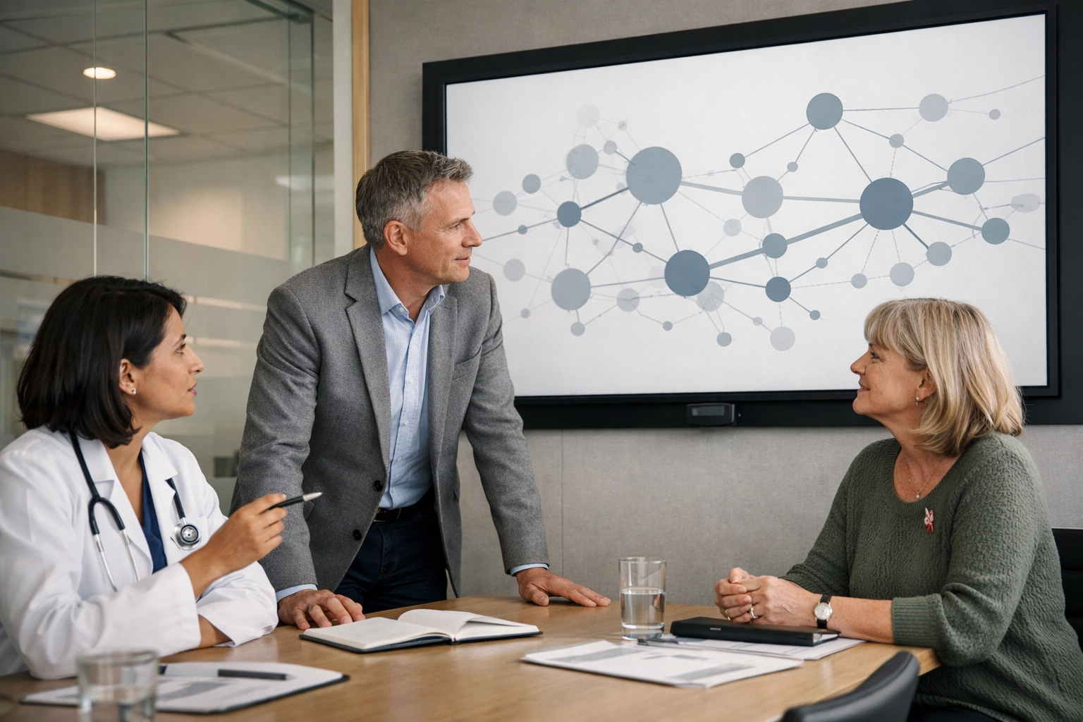 Healthcare stakeholders and life sciences directors collaborating on respiratory care pathway data.