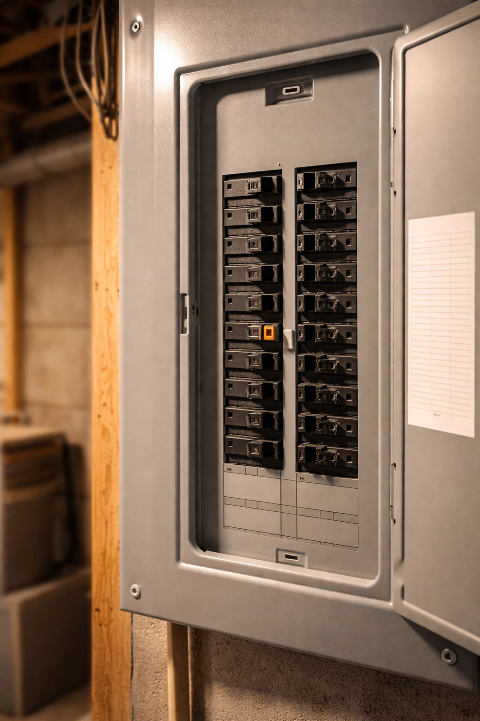 Open residential circuit breaker panel in basement showing tripped breaker for electrical safety