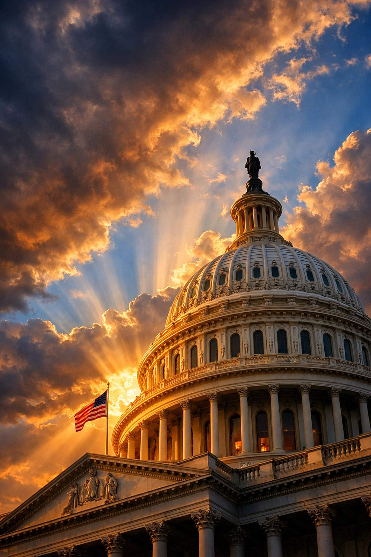 U.S. Capitol dome with sunlight breaking through clouds representing hope and renewal