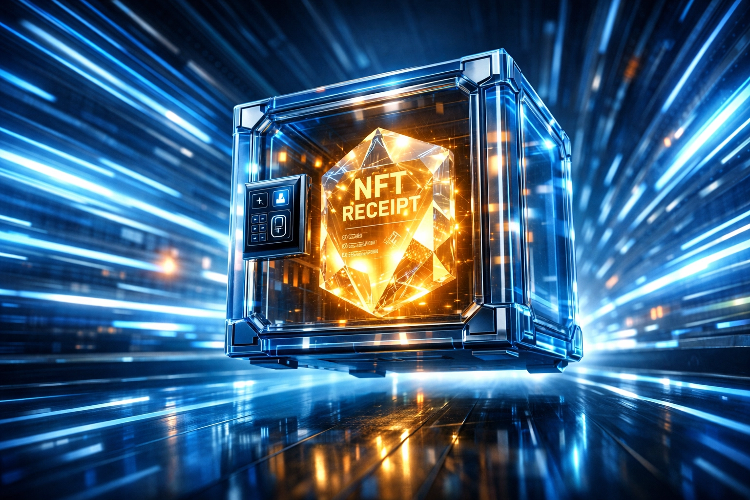 Secure Larecoin NFT receipt in a digital vault representing fast blockchain payment infrastructure.