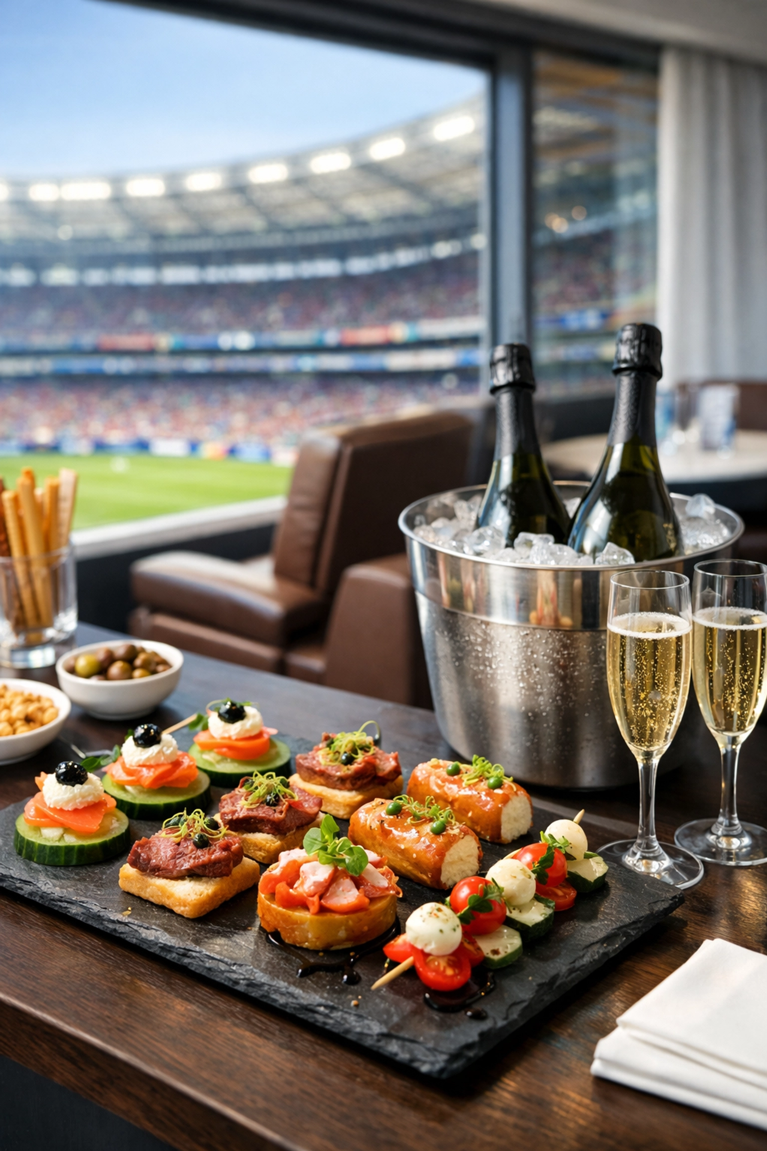 Gourmet catering and artisanal appetizers served in a private Super Bowl luxury suite for VIP guests.