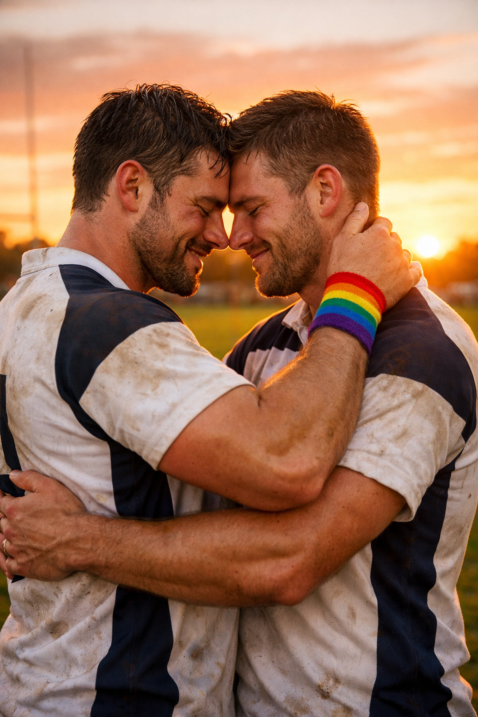 Rugby teammates embracing on the pitch at sunset, a popular teammates-to-lovers theme in modern MM fiction.