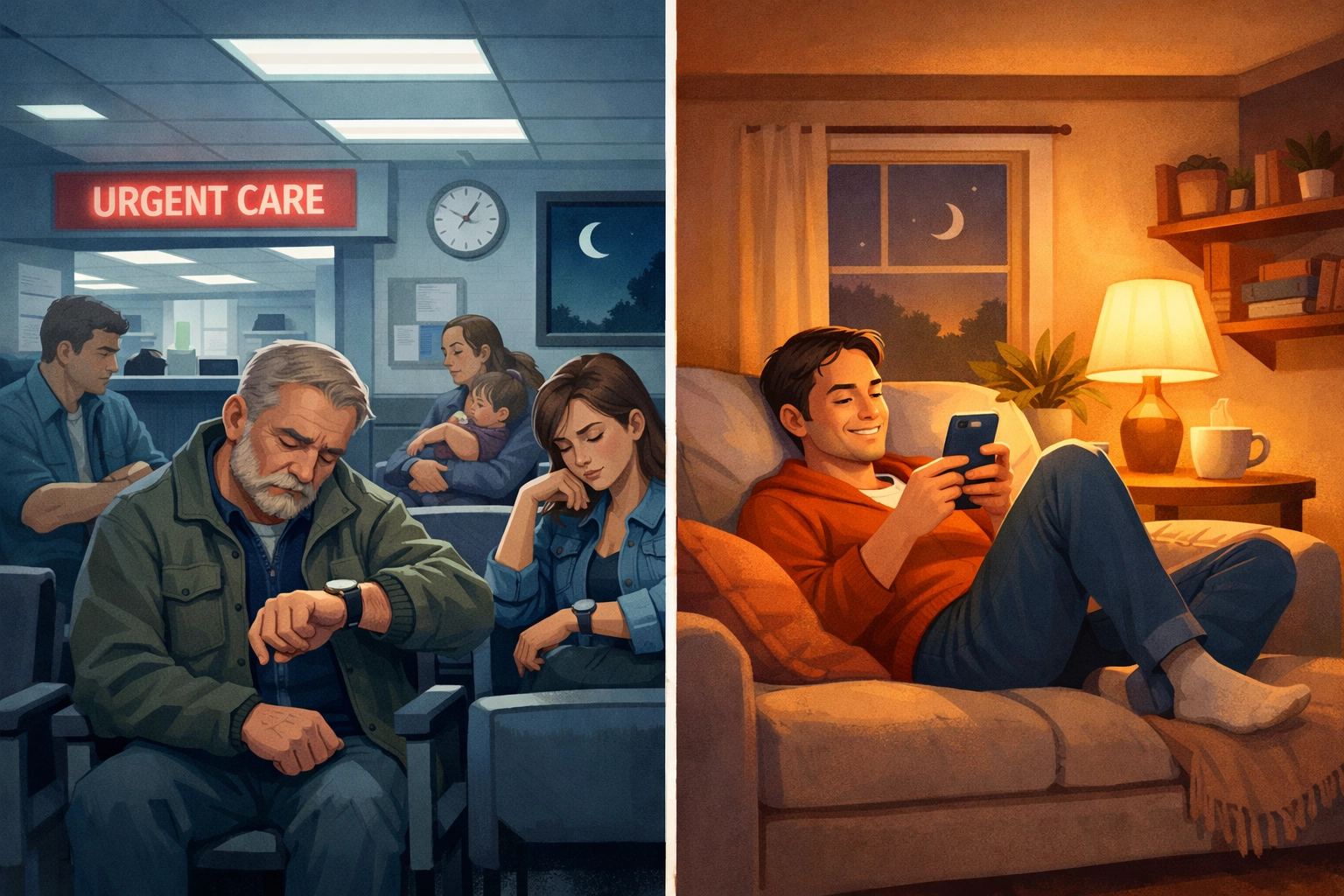 Comparison of crowded urgent care waiting room versus comfortable home telehealth consultation