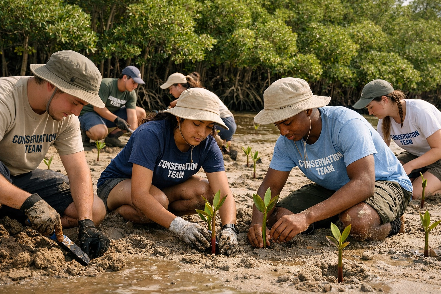 Students planting mangrove propagules during conservation service project in Florida Keys