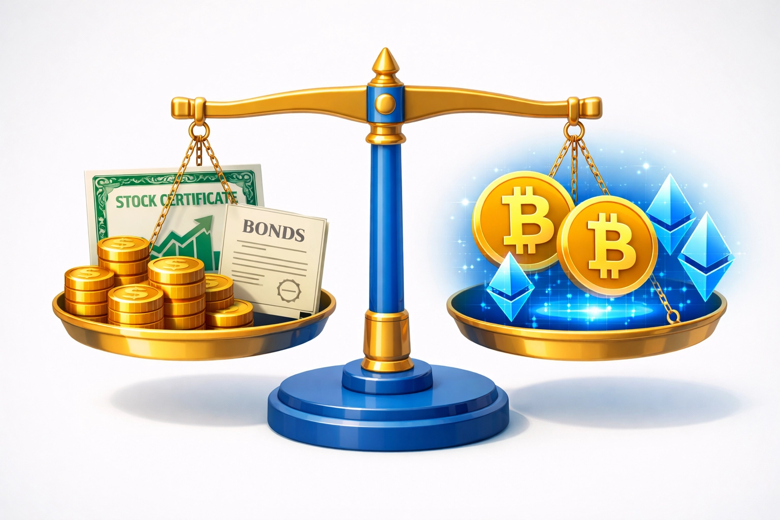 Balanced scale comparing traditional assets and digital assets in portfolio allocation