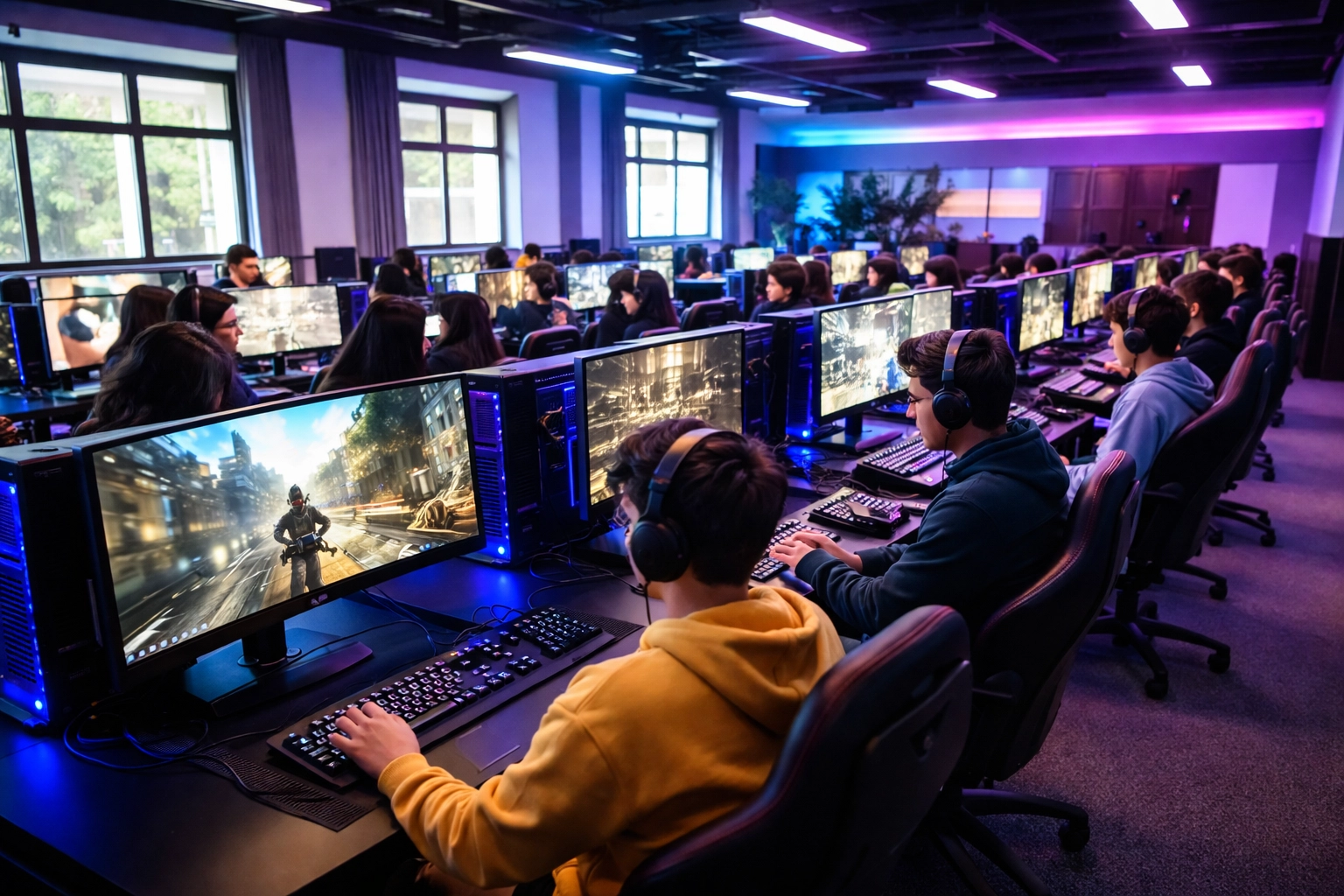 High school students participating in an esports lab with branded gaming equipment and immersive lighting, showcasing sponsorship activation in education.