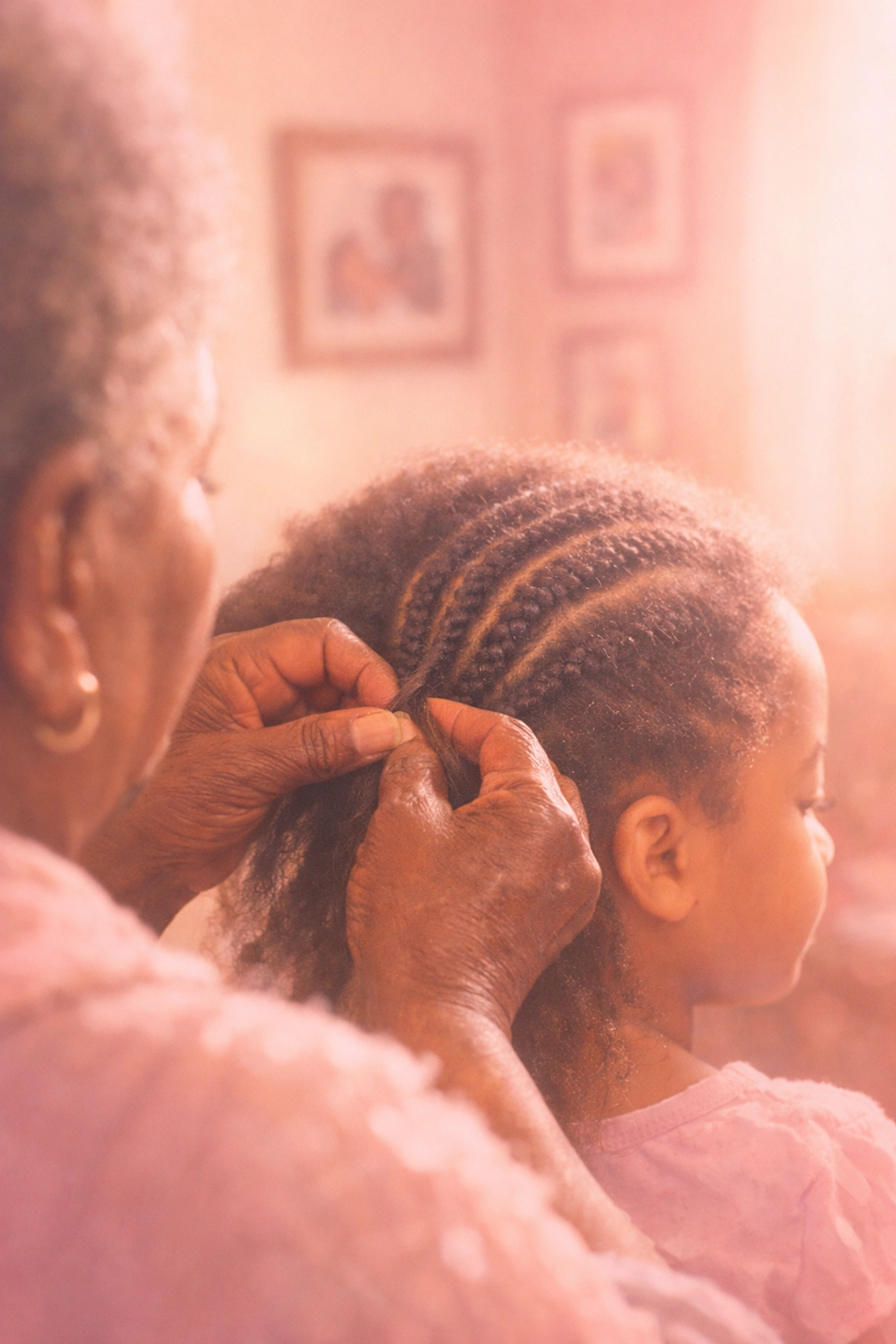 Grandmother braiding young girl's natural hair preserving Black hair care traditions