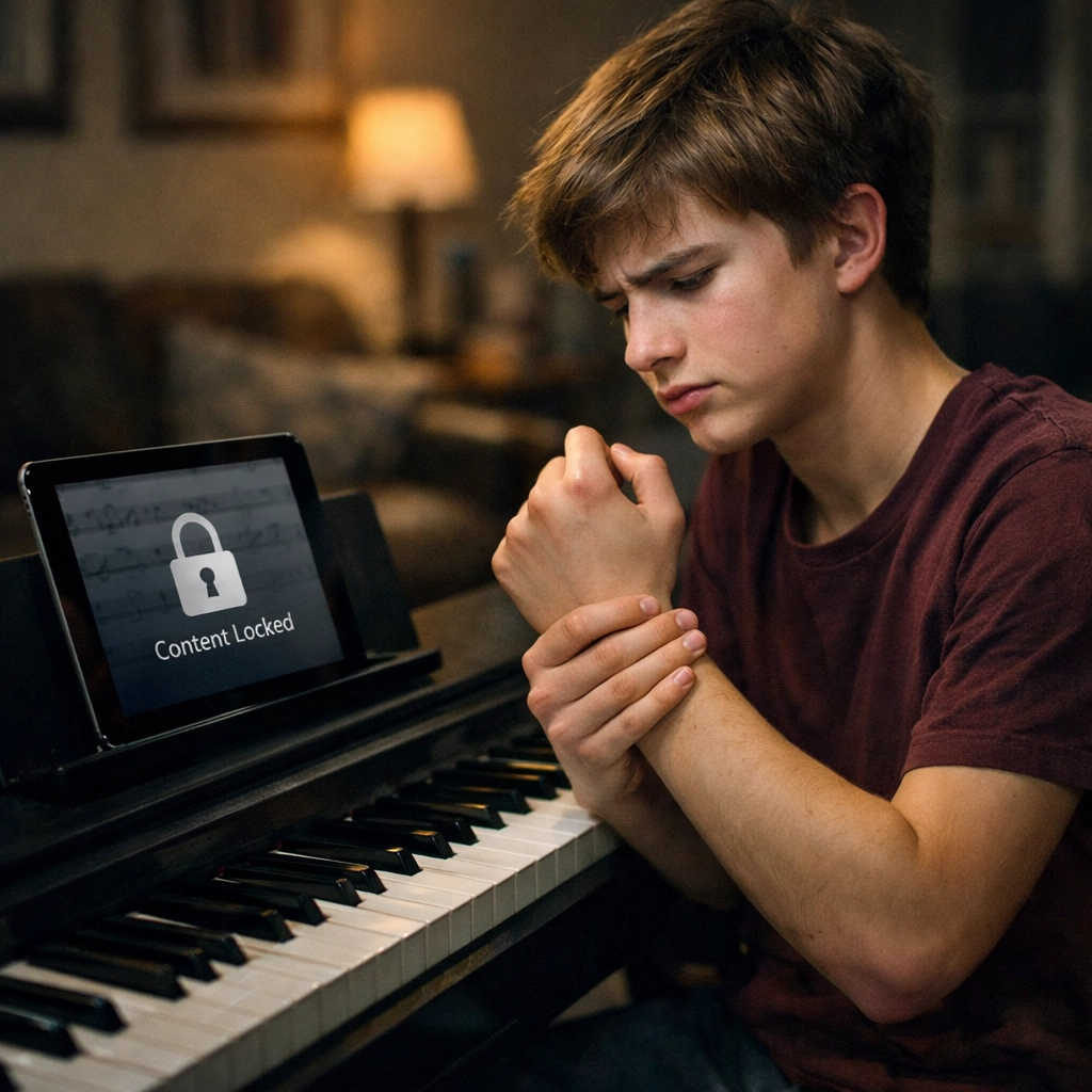 A teenager struggling with a piano technique plateau while practicing alone with a digital tablet.