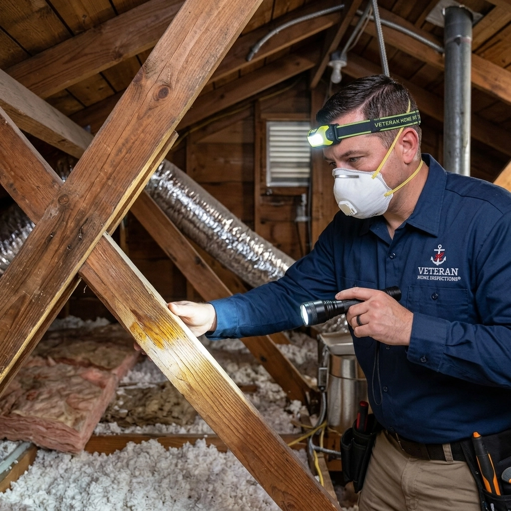 Inspector checking a San Antonio attic for moisture and mold