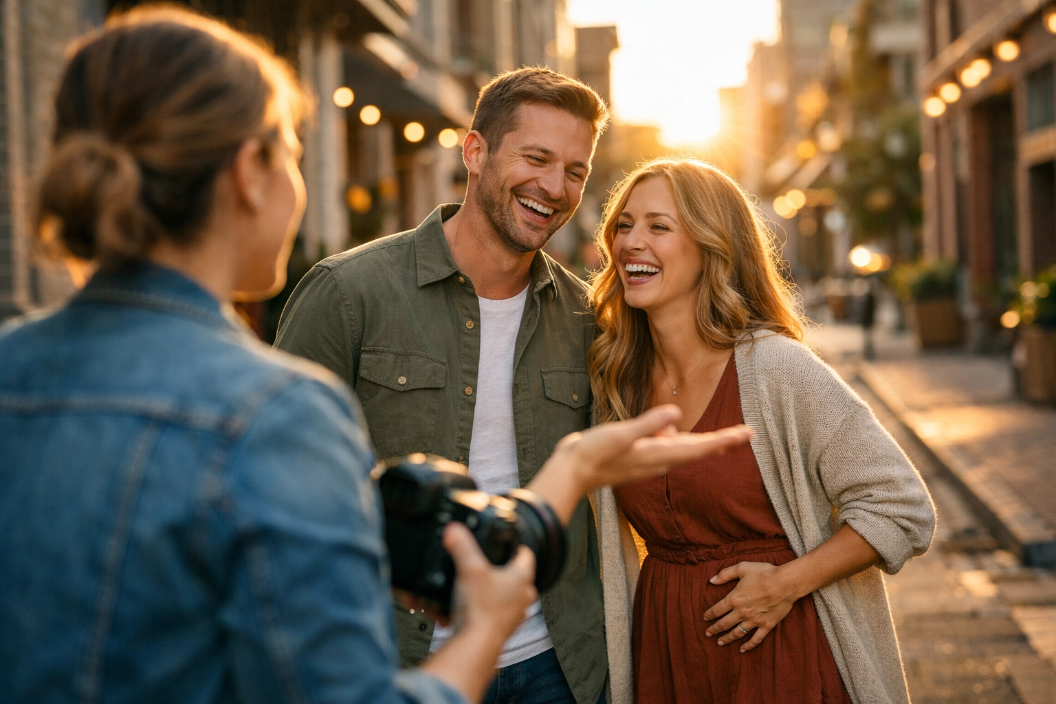 Photographer coaching a couple at golden hour, showing client-focused booking for 2026 work