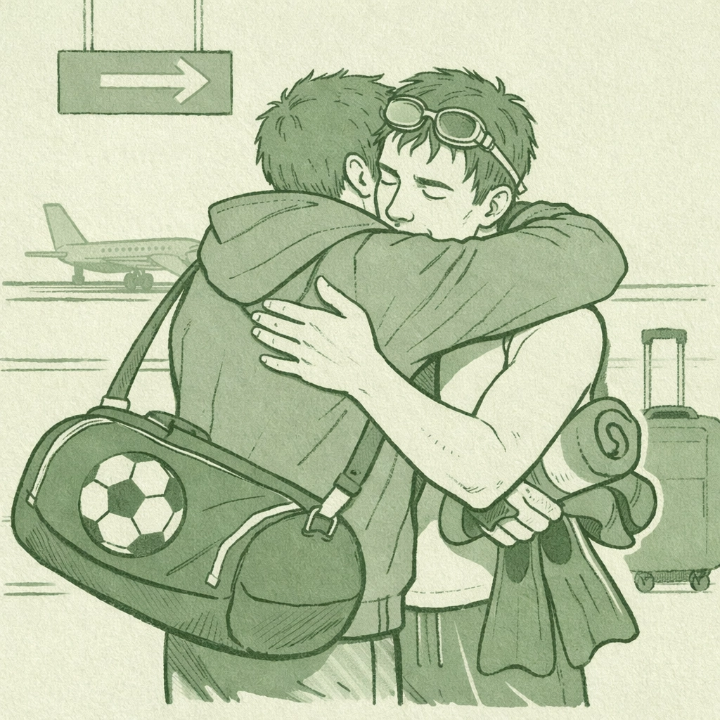 Gay athlete couple embracing at airport with sports gear - long distance romance