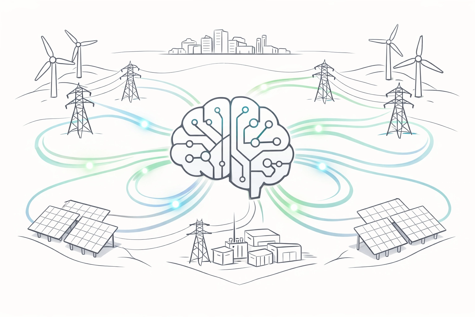 AI-powered smart grid connecting renewable energy sources like wind and solar