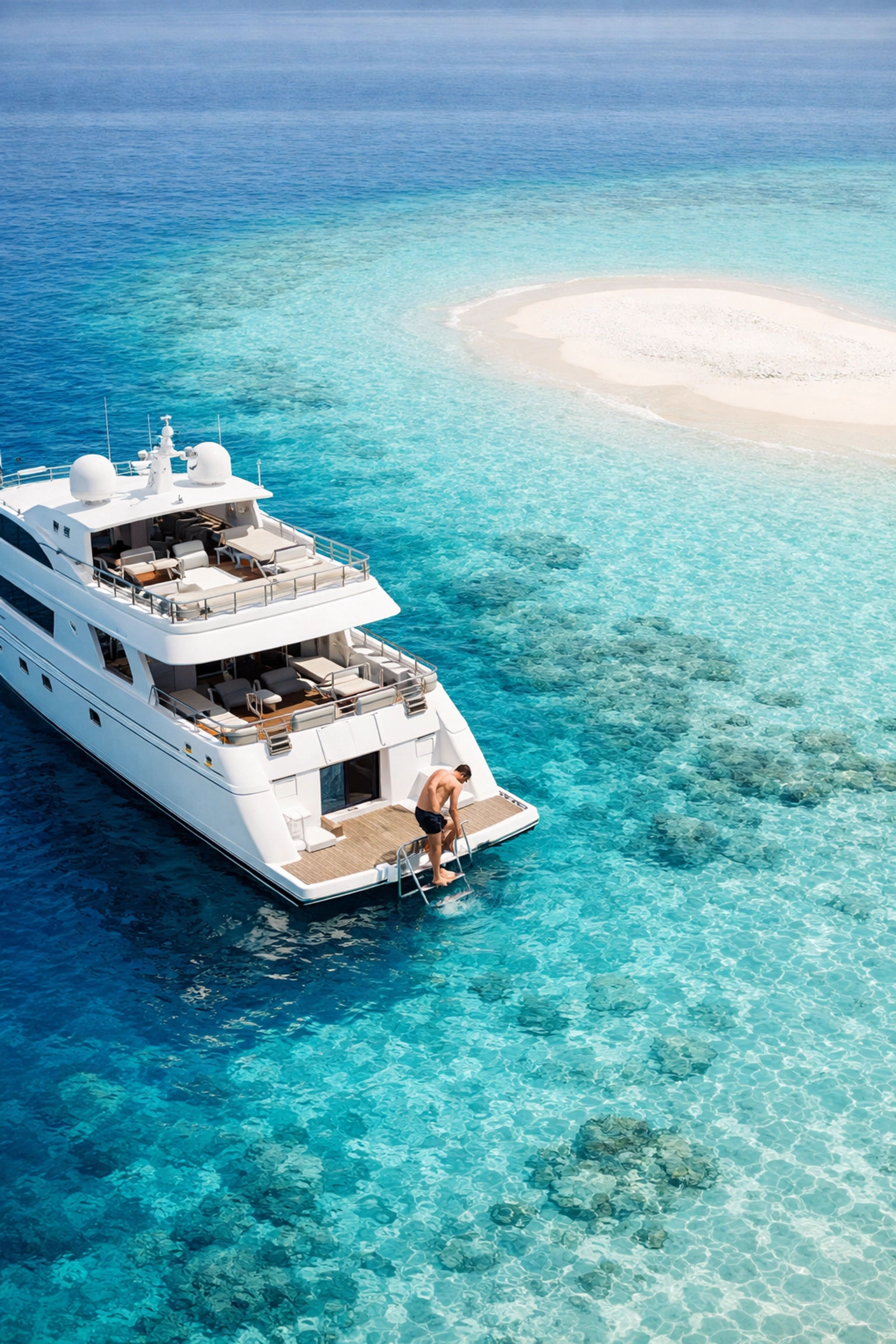 Luxury liveaboard yacht anchored by a secluded sandbank in the crystal clear waters of the Maldives.