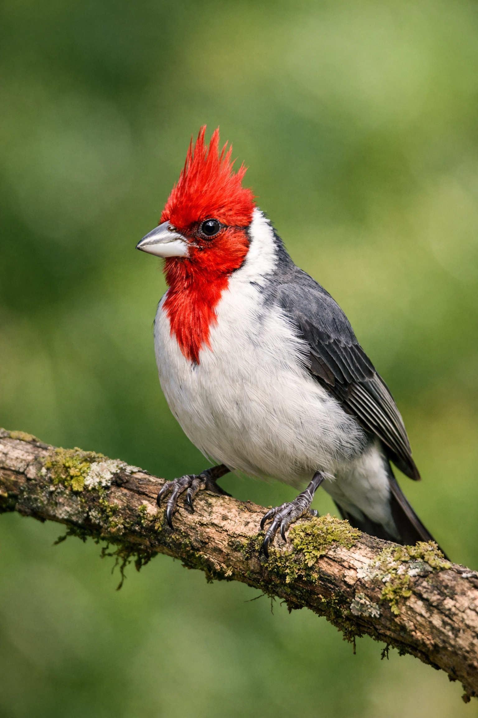 Vibrant Red-crested Cardinal perched on a branch, showing specific species selection for stock photography.