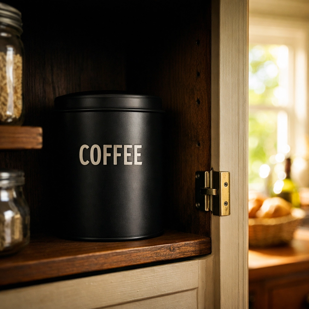 Dark opaque coffee container stored in pantry cupboard away from light