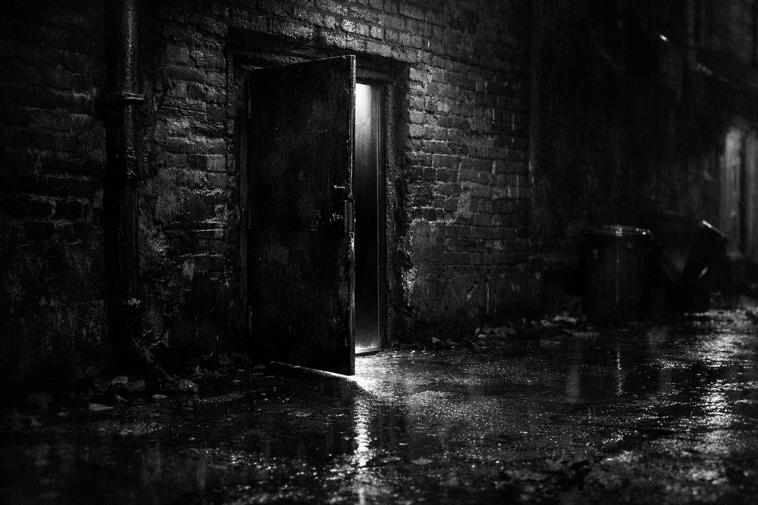 Gritty noir-style image of a hidden door / shadowy alleyway representing the high stakes of shrouding the truth