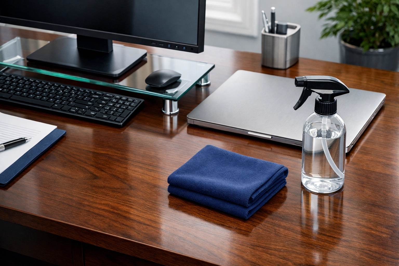Professional office cleaning in Bedford showing a sanitized executive desk with a microfiber cloth and cleaning spray.
