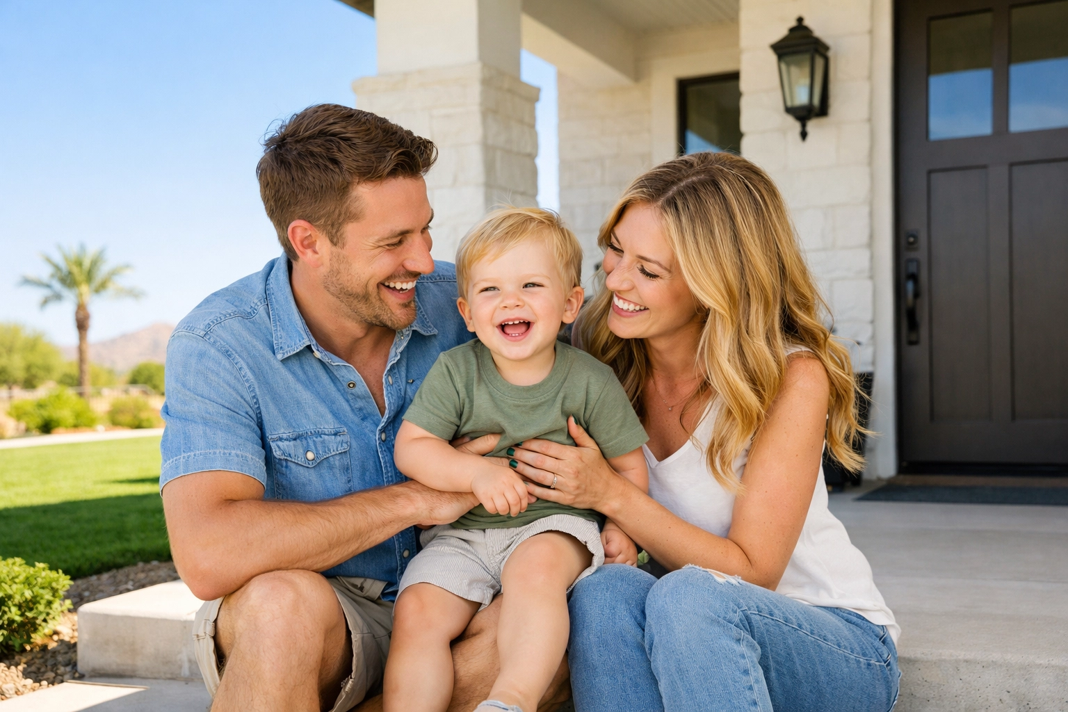 Happy family on the porch of their new contemporary Glendale Arizona home.