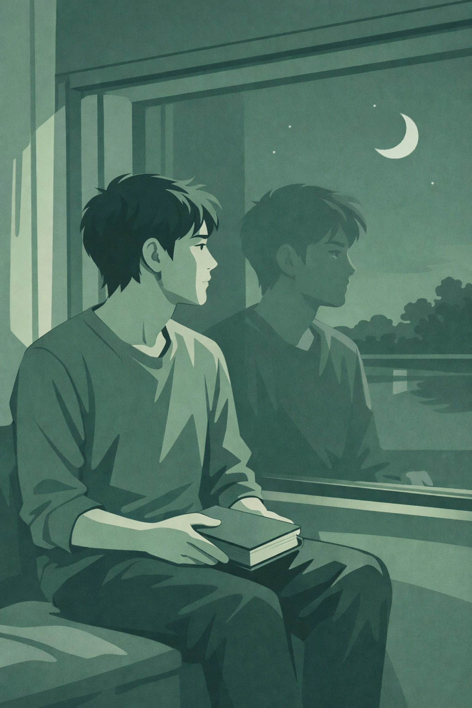 Young man reflecting on bisexual identity while reading LGBTQ+ book by window