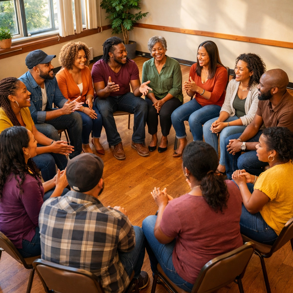Diverse BIPOC group in healing circle at community center engaged in trauma recovery discussion