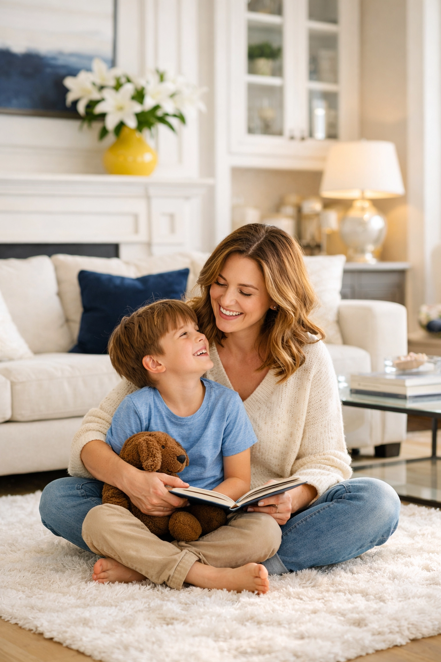A happy family enjoying a fresh living room after a professional maid service Sudbury MA.