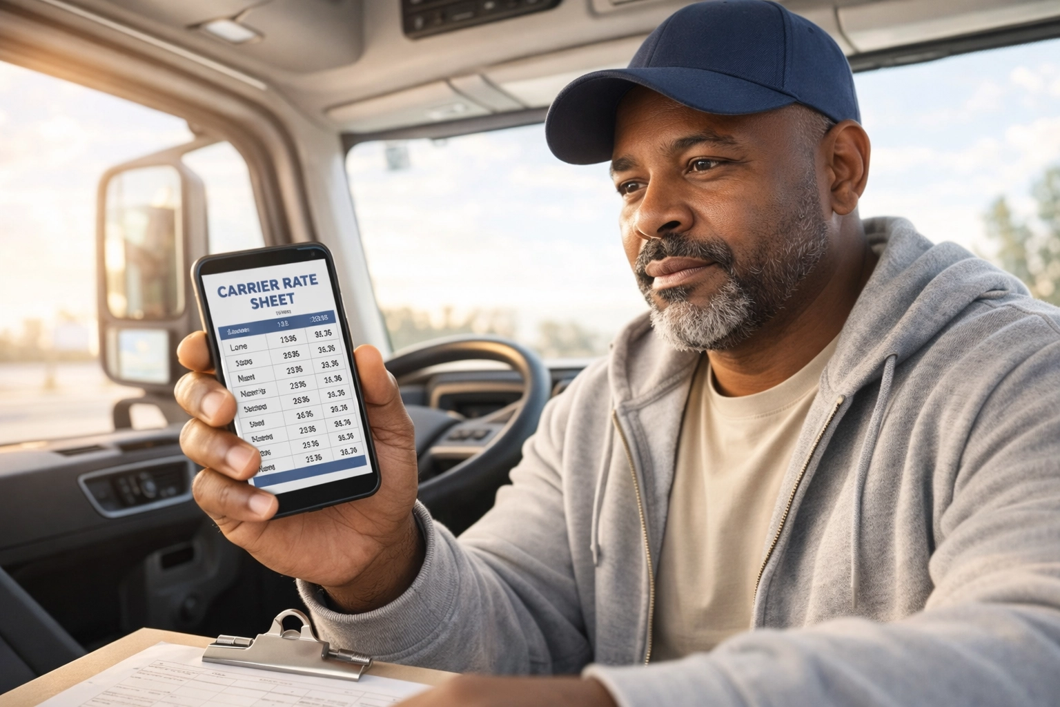 Owner-operator truck driver reviewing carrier rate sheet on smartphone in semi-truck cab