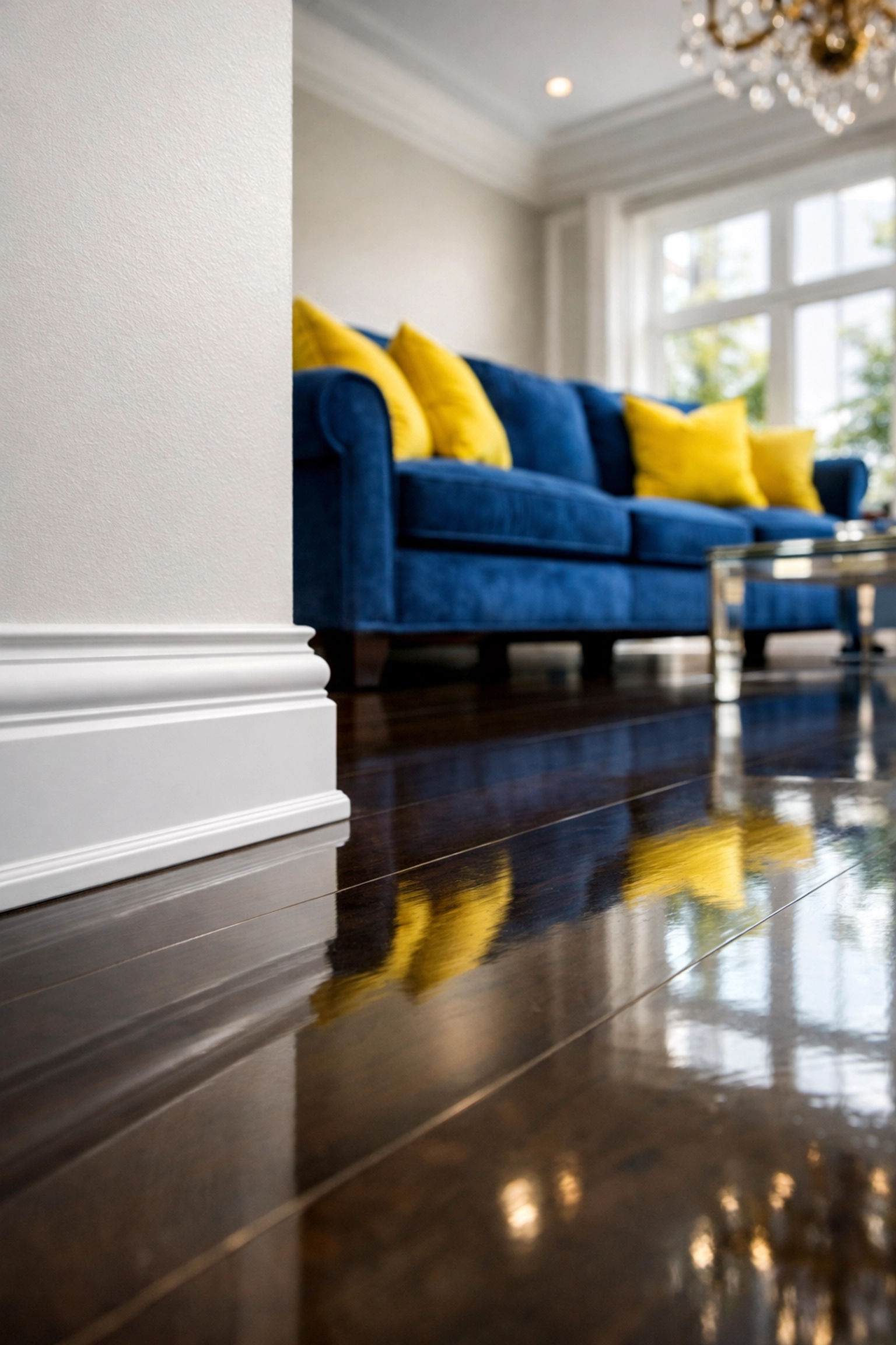 Impeccably clean Westborough living room showing dust-free white baseboards and polished hardwood floors.