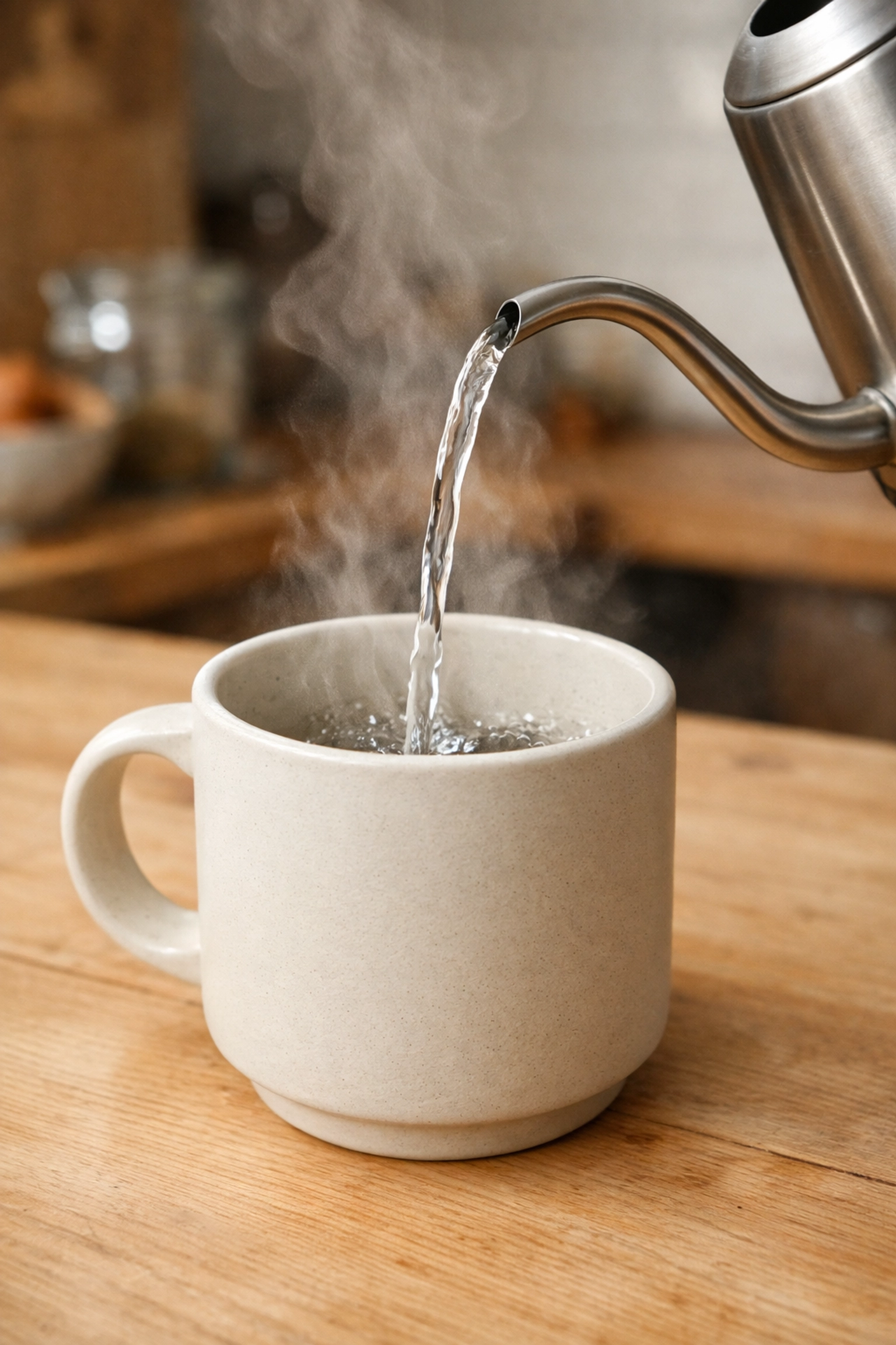 Pouring hot water into a ceramic mug to preheat it for a better home coffee brewing experience.