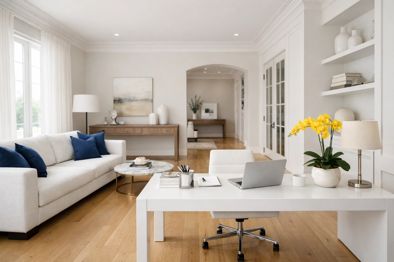 Serene and organized home office in Acton, illustrating the mental health benefits of a clean living space.