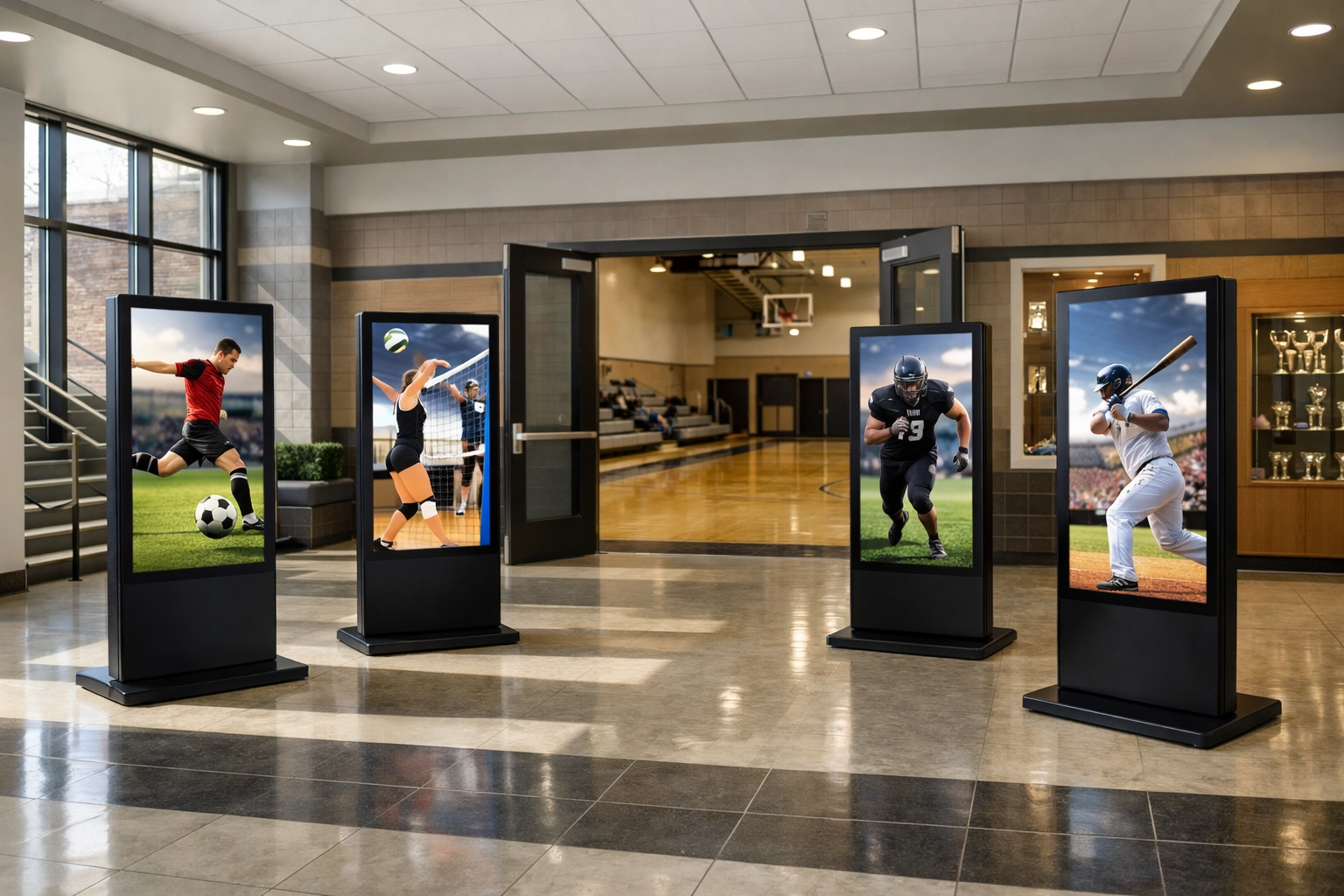 Digital signage kiosks in a high school gym lobby supporting dynamic sports and esports promotions