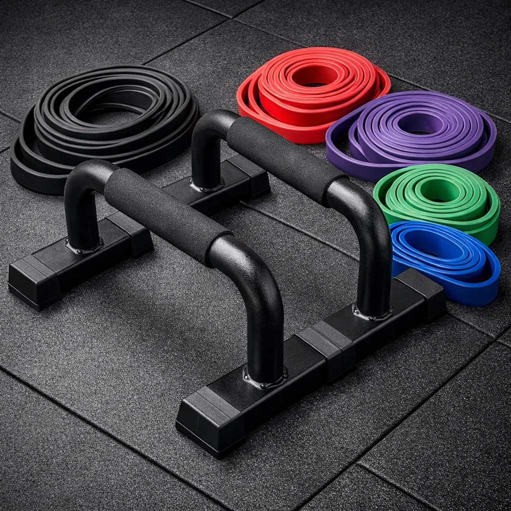 Essential calisthenics equipment for home including steel parallettes and resistance bands.