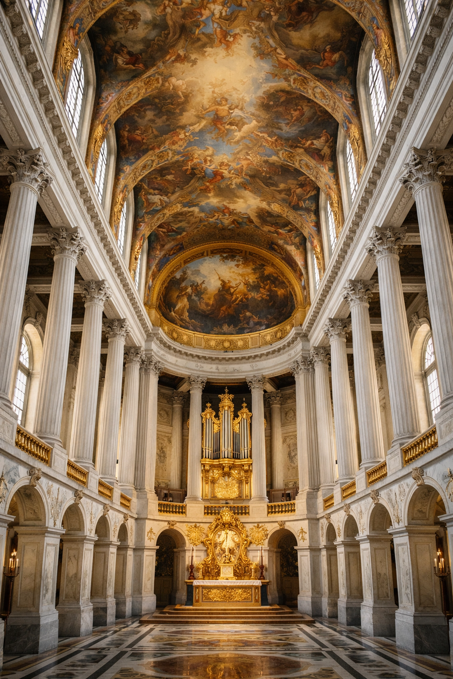 Symmetrical interior of the Royal Chapel at Versailles, a grand photo spot for architectural scale.
