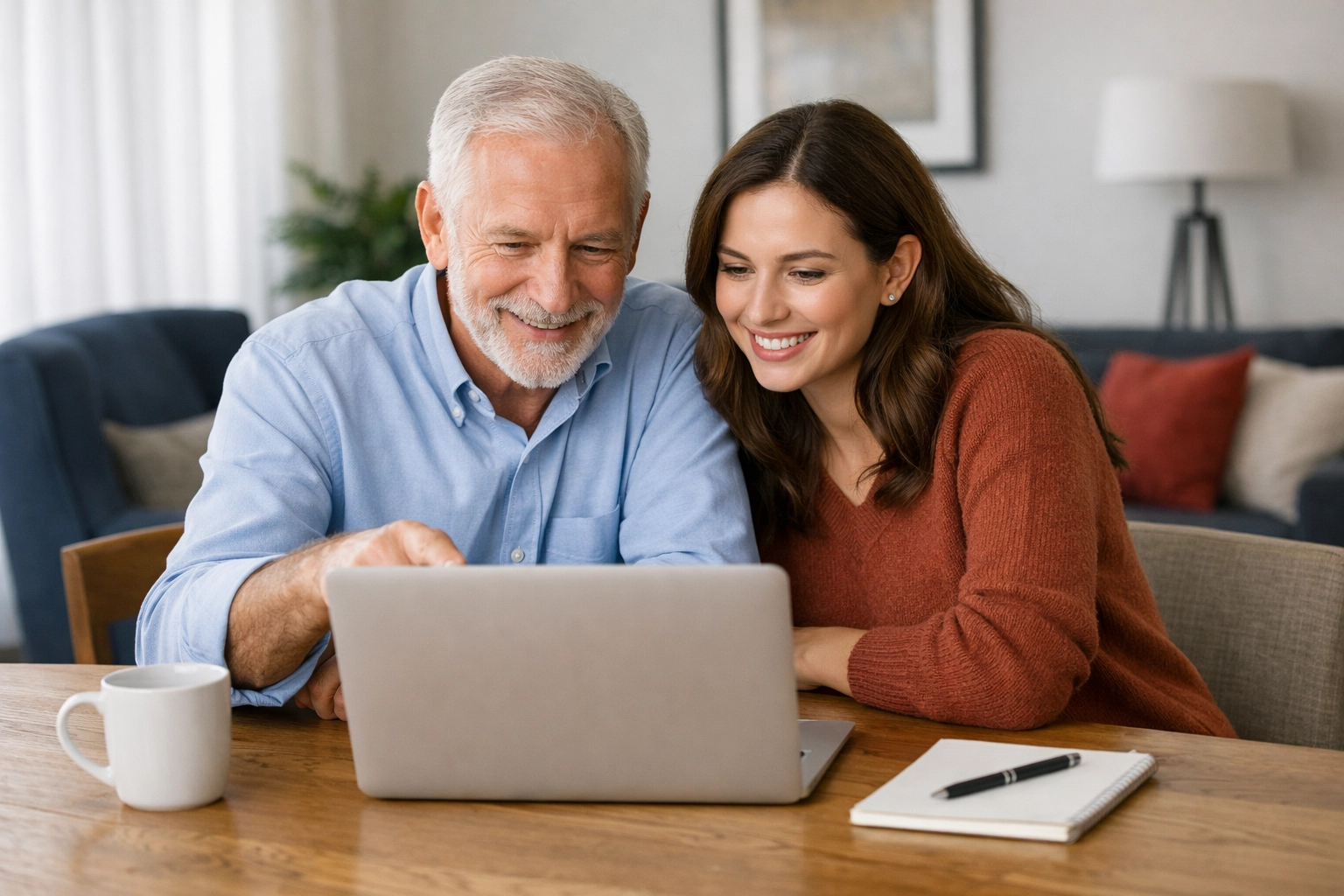 A father and daughter in Texas discussing credit building strategies and financial planning on a laptop.