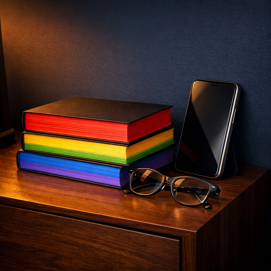 Rainbow-edged MM romance books stacked with a smartphone on a wooden nightstand for the hybrid reader.