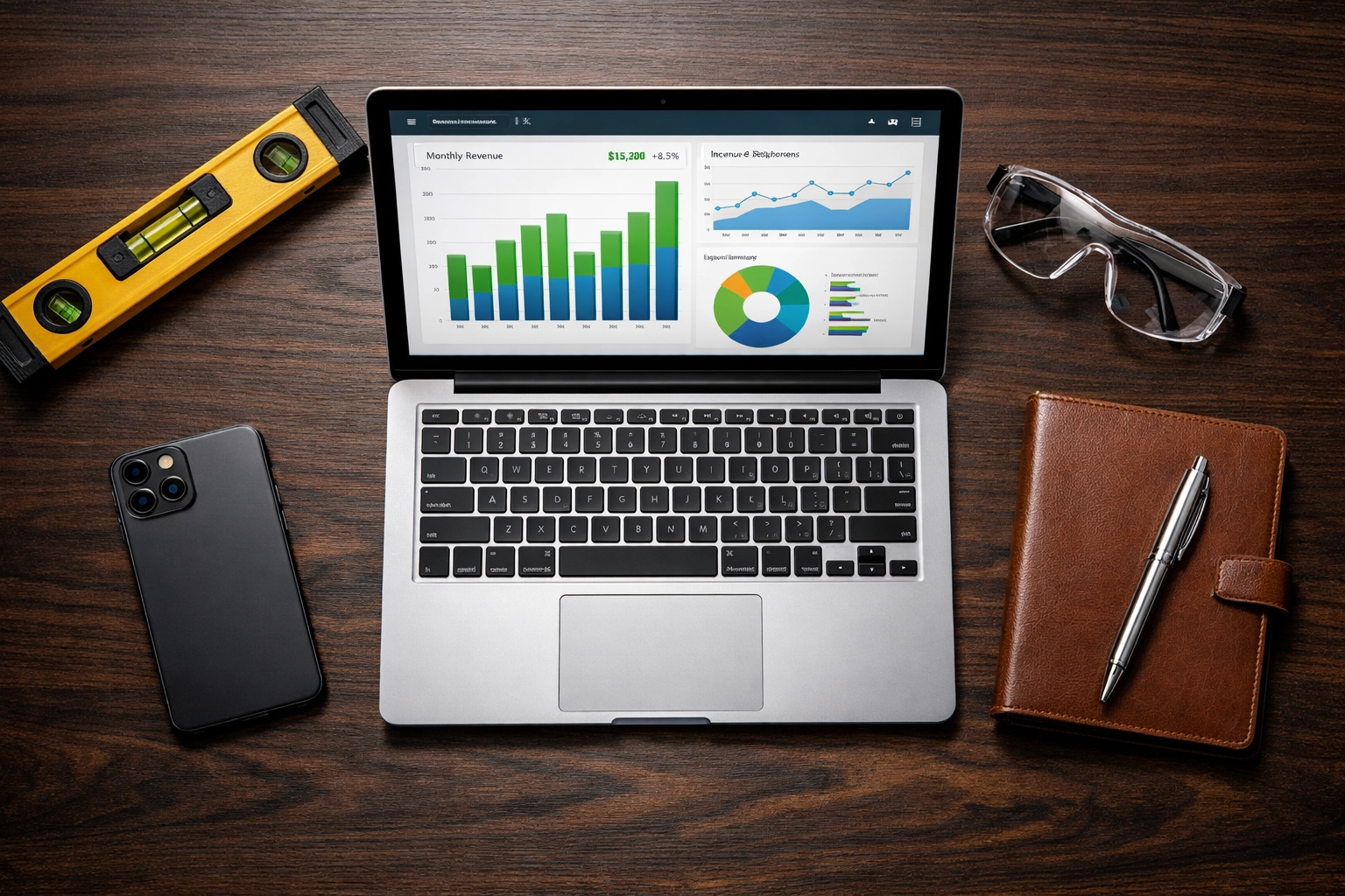 Laptop showing bookkeeping software alongside construction tools on a clean desk.