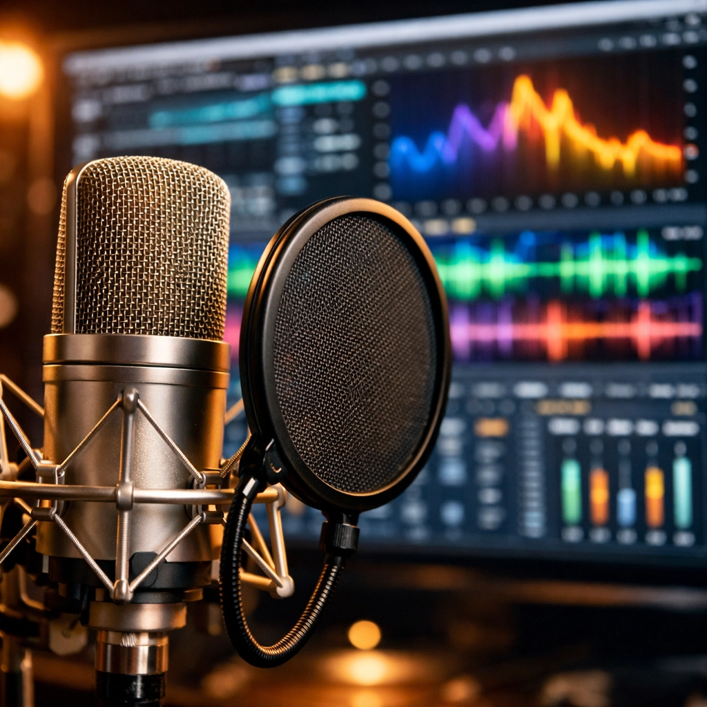 A studio condenser microphone with digital audio software on a screen used for AI music production.