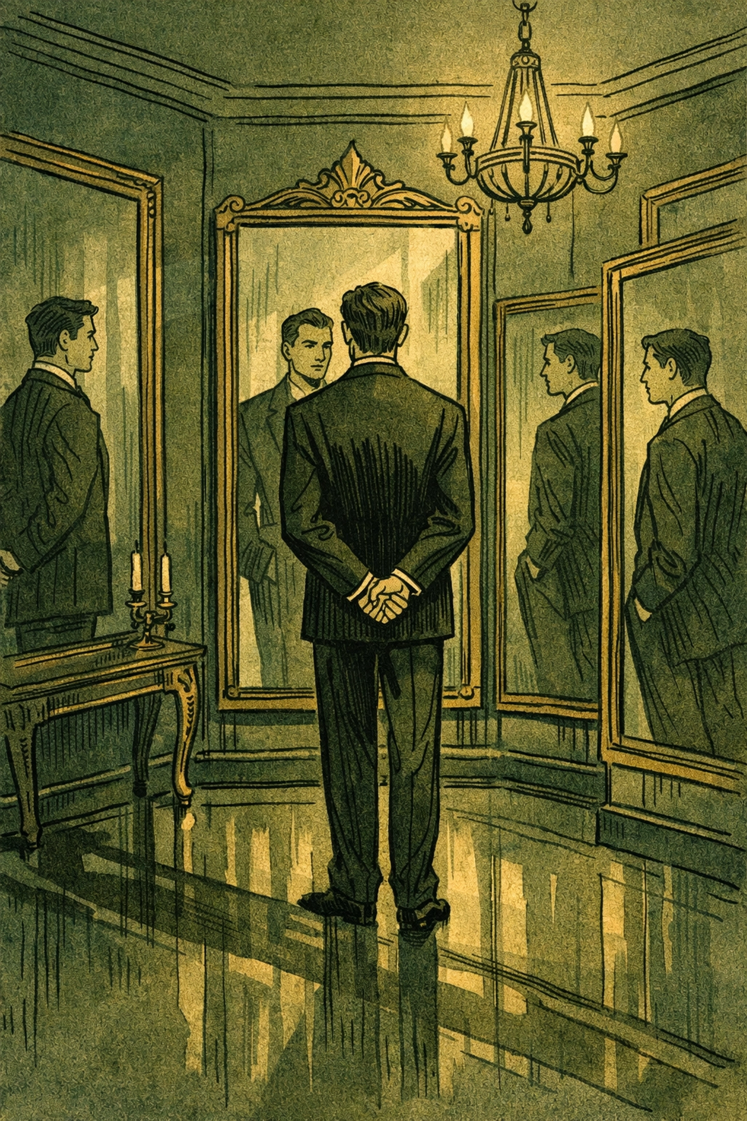 Man surrounded by mirrors reflecting only himself, illustrating narcissism and self-love isolation