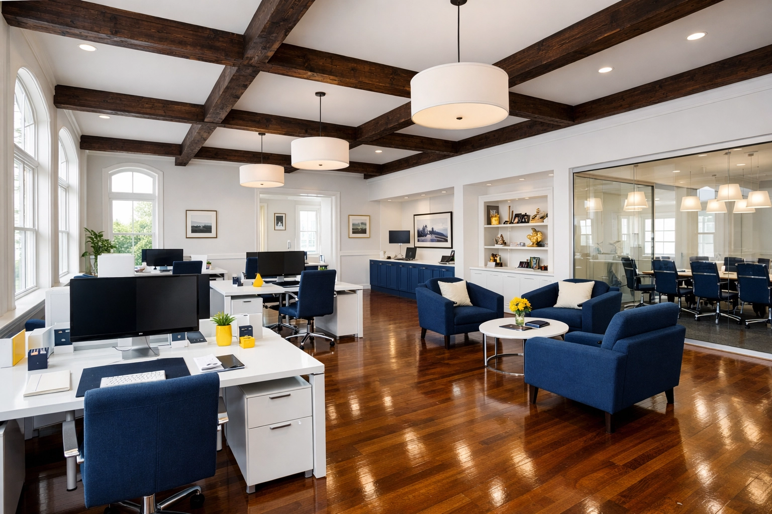 Clean and organized modern office interior in Concord, MA, showing professional commercial cleaning results.