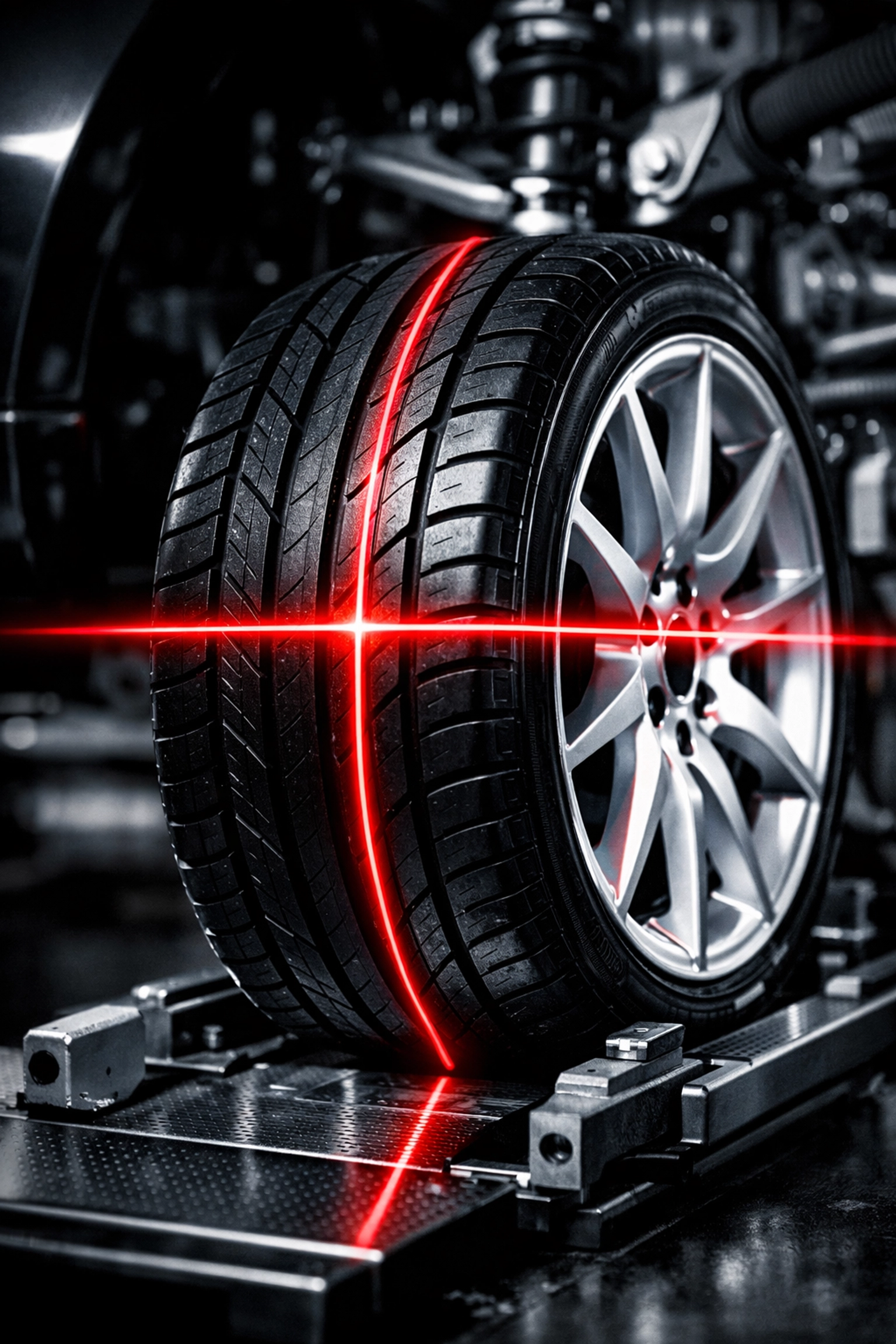 Car wheel on an alignment rack with laser lines showing precision wheel alignment Carrollton TX.