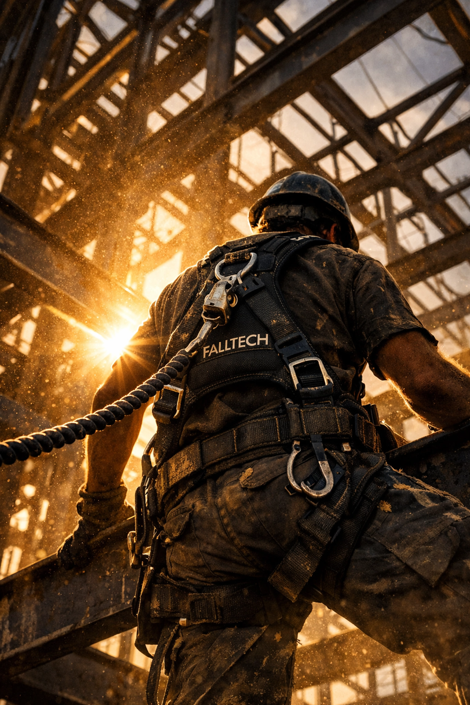 Contractor wearing a FallTech harness and lifeline while working on an industrial jobsite in Fort Wayne.