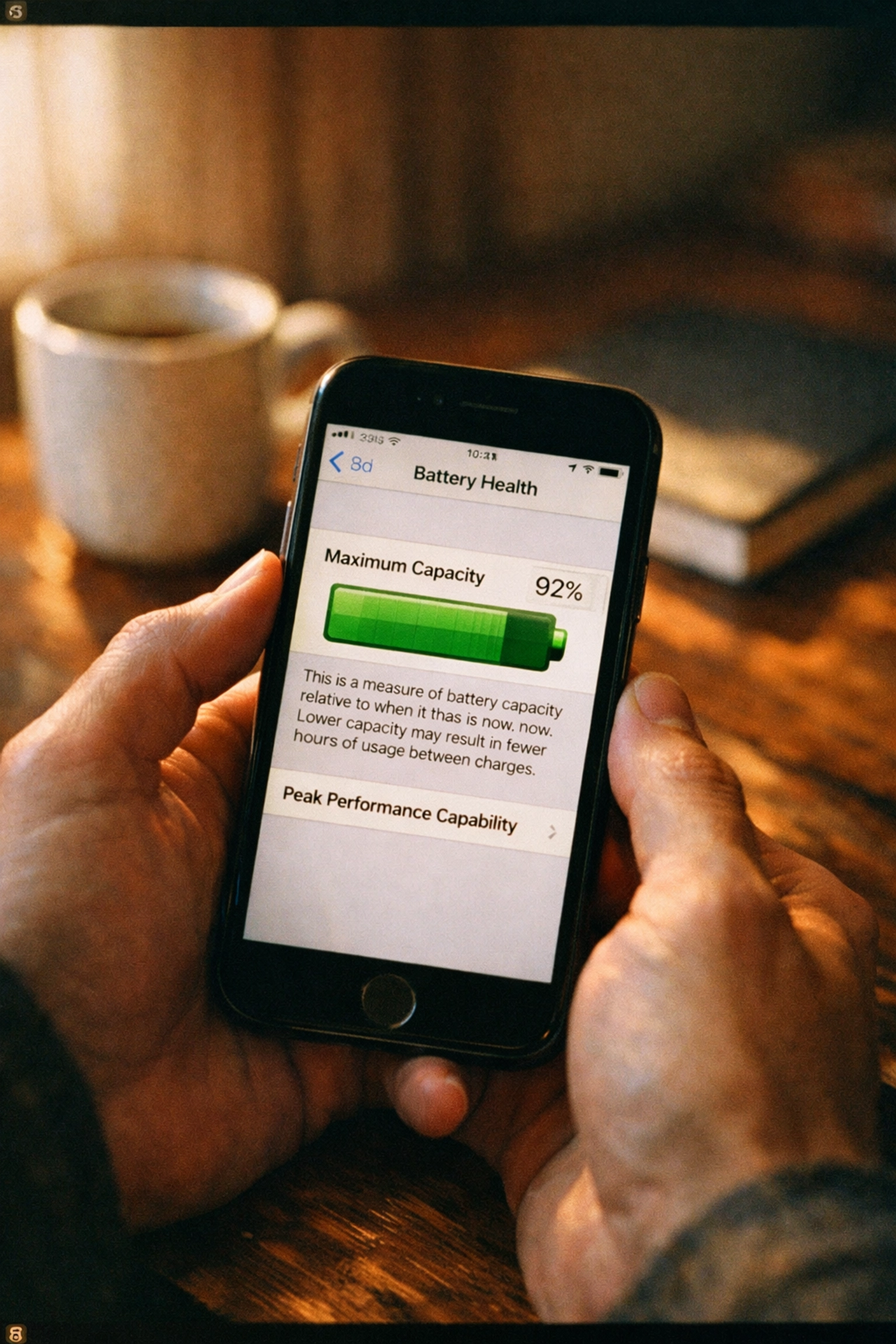iPhone Battery Health settings screen showing 92% capacity for optimal battery longevity