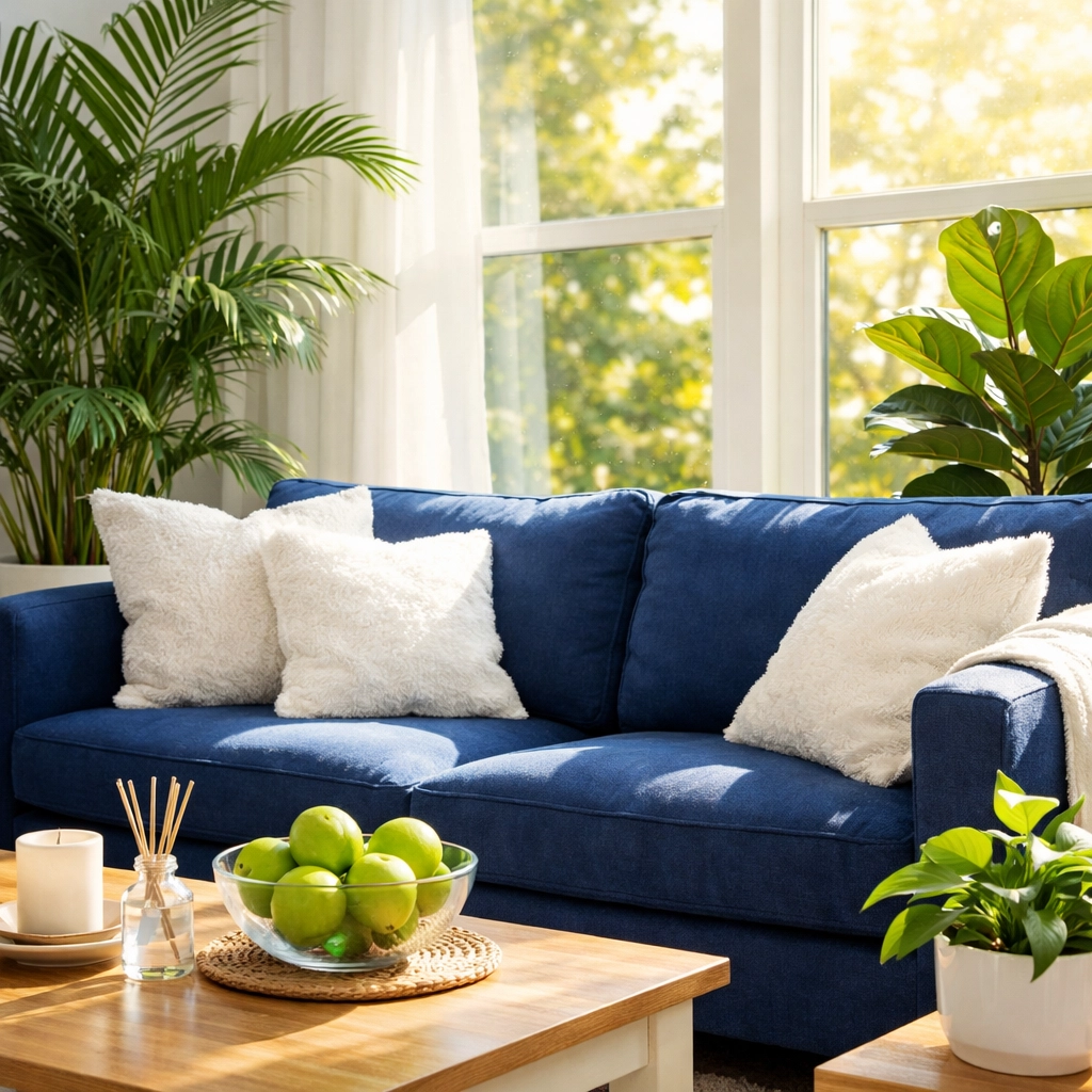 Eco-friendly apartment living room with healthy indoor plants and a clean, serene atmosphere for renters.