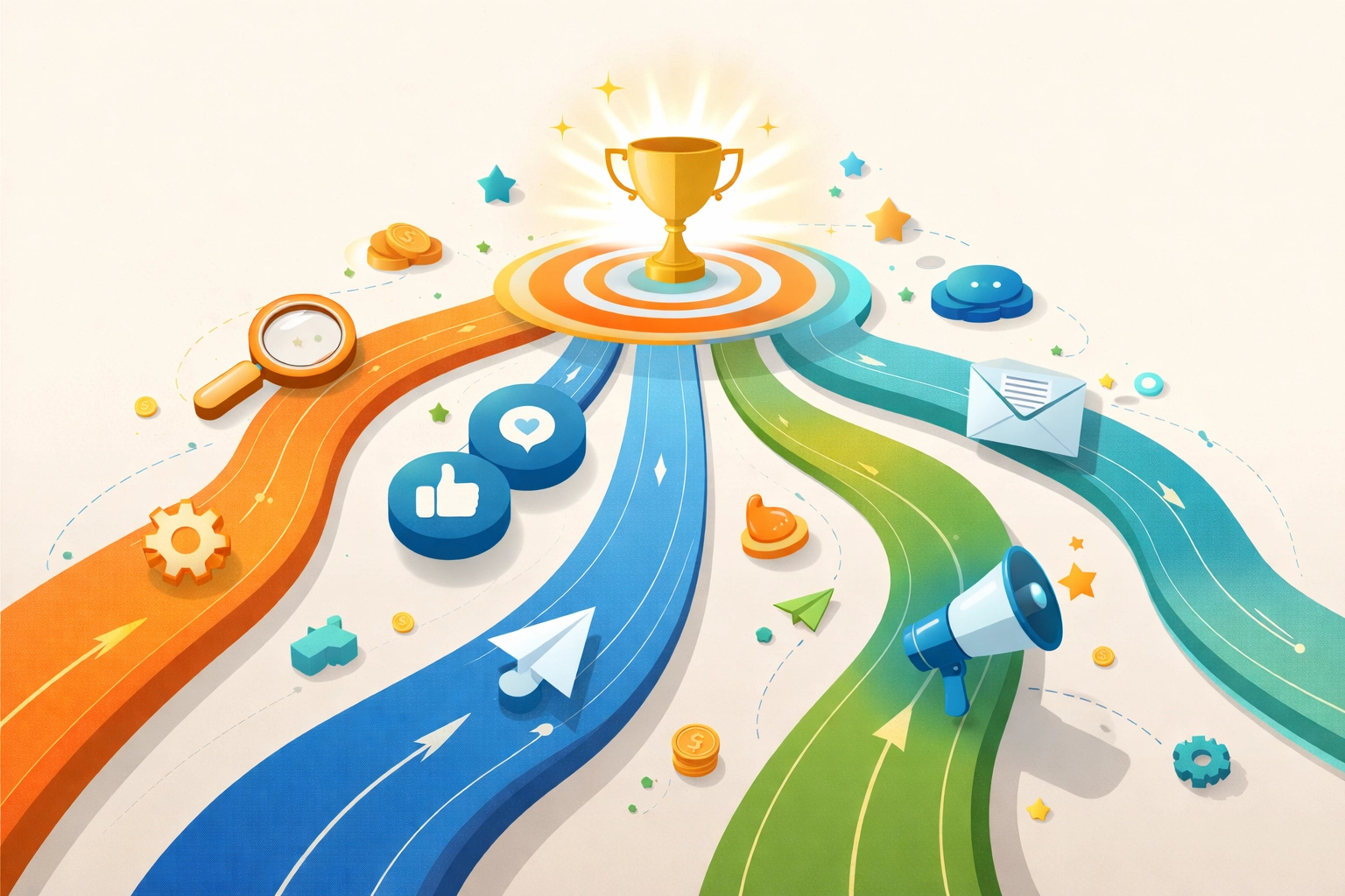 Diverse paths leading to a success point, illustrating diversification in affiliate marketing strategies