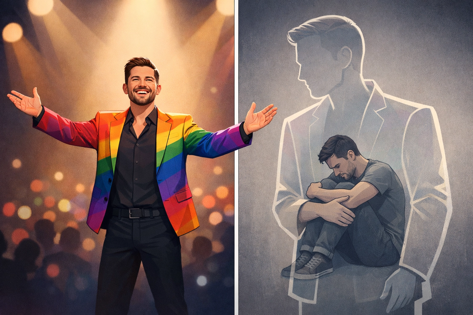 Gay man from Bros showing confident performance versus inner vulnerability in LGBTQ+ relationship