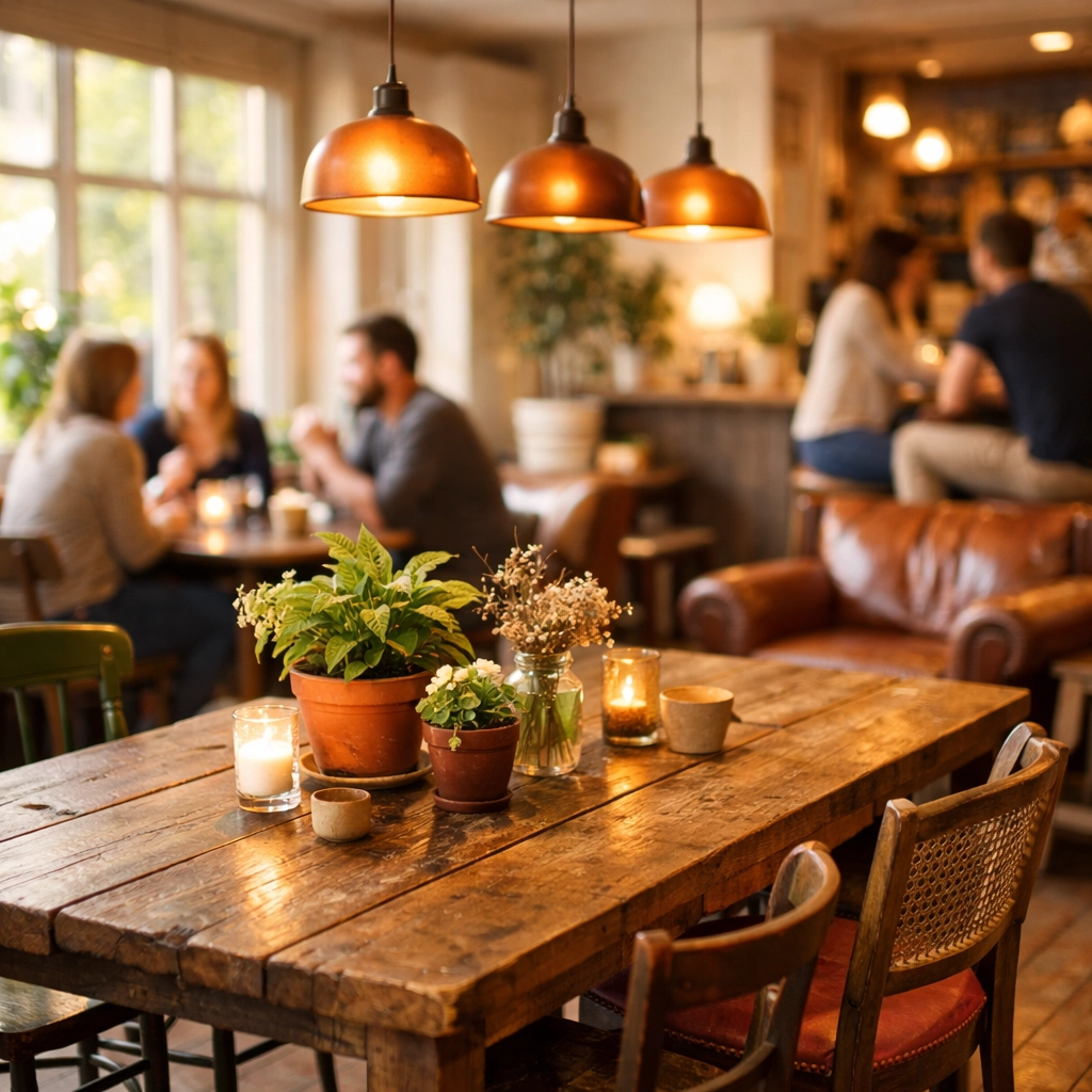 Cozy café interior with communal table and mixed seating creating welcoming community atmosphere