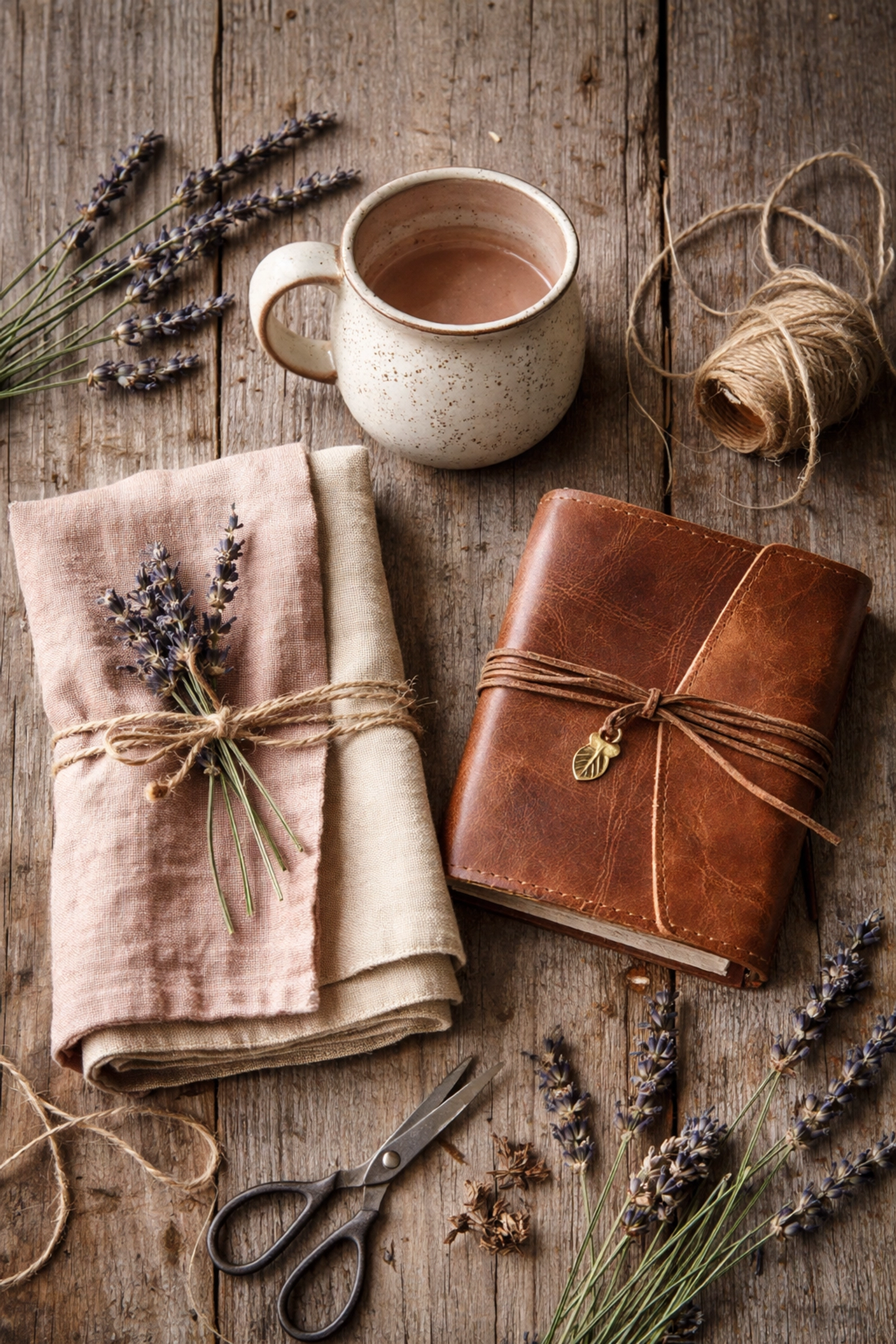 Flat lay of unique handcrafted gifts including a ceramic mug, linen napkin, and leather journal on a rustic wood surface.